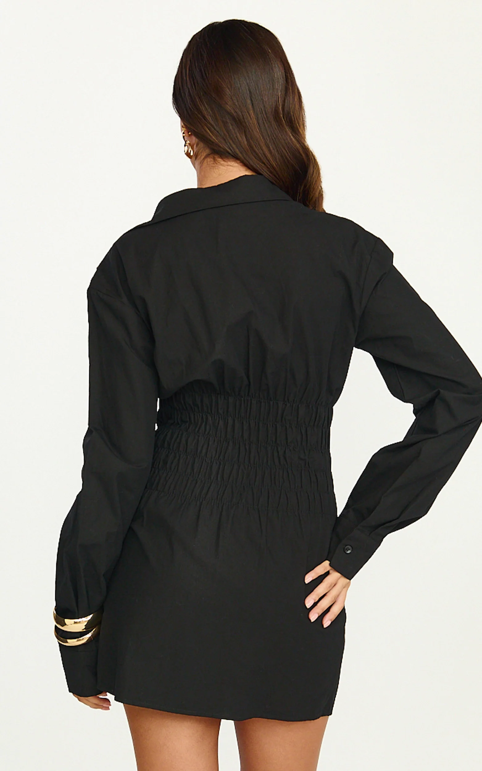 Eugenia Mini Dress - Long Sleeve Smocked Shirt Mini Dress in Black