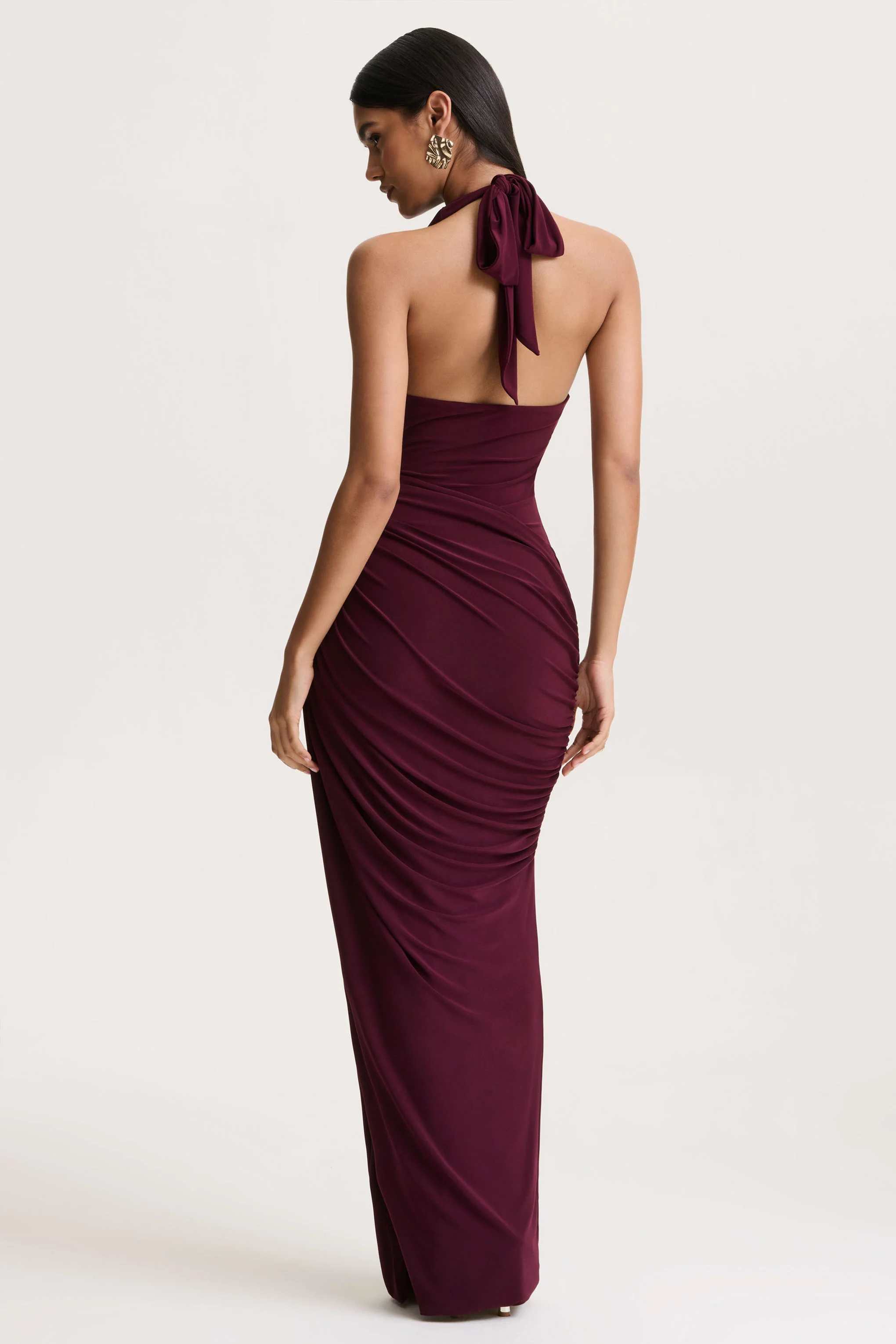 Cairo | Burgundy Cowl-Neck Maxi Dress With Gathered Detailing