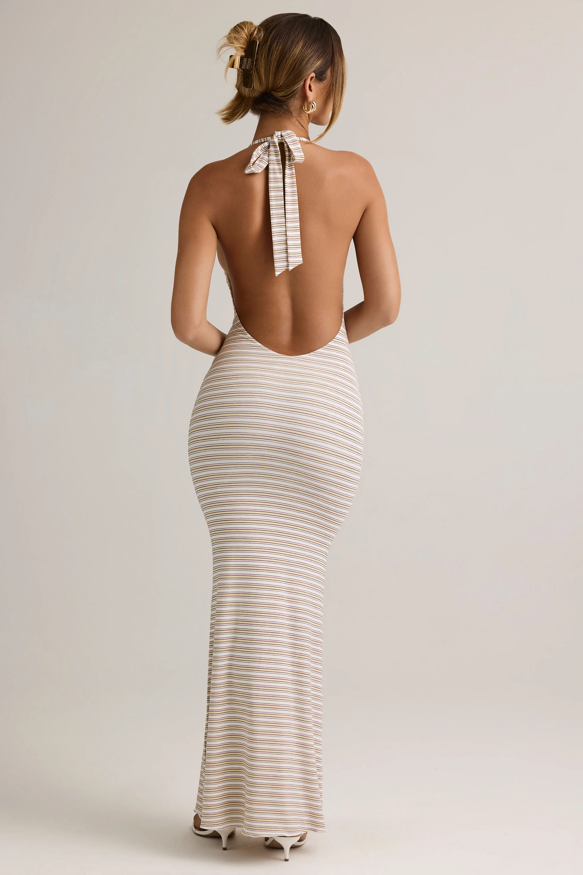 Modal Halterneck Maxi Dress in Pink Yellow Stripe