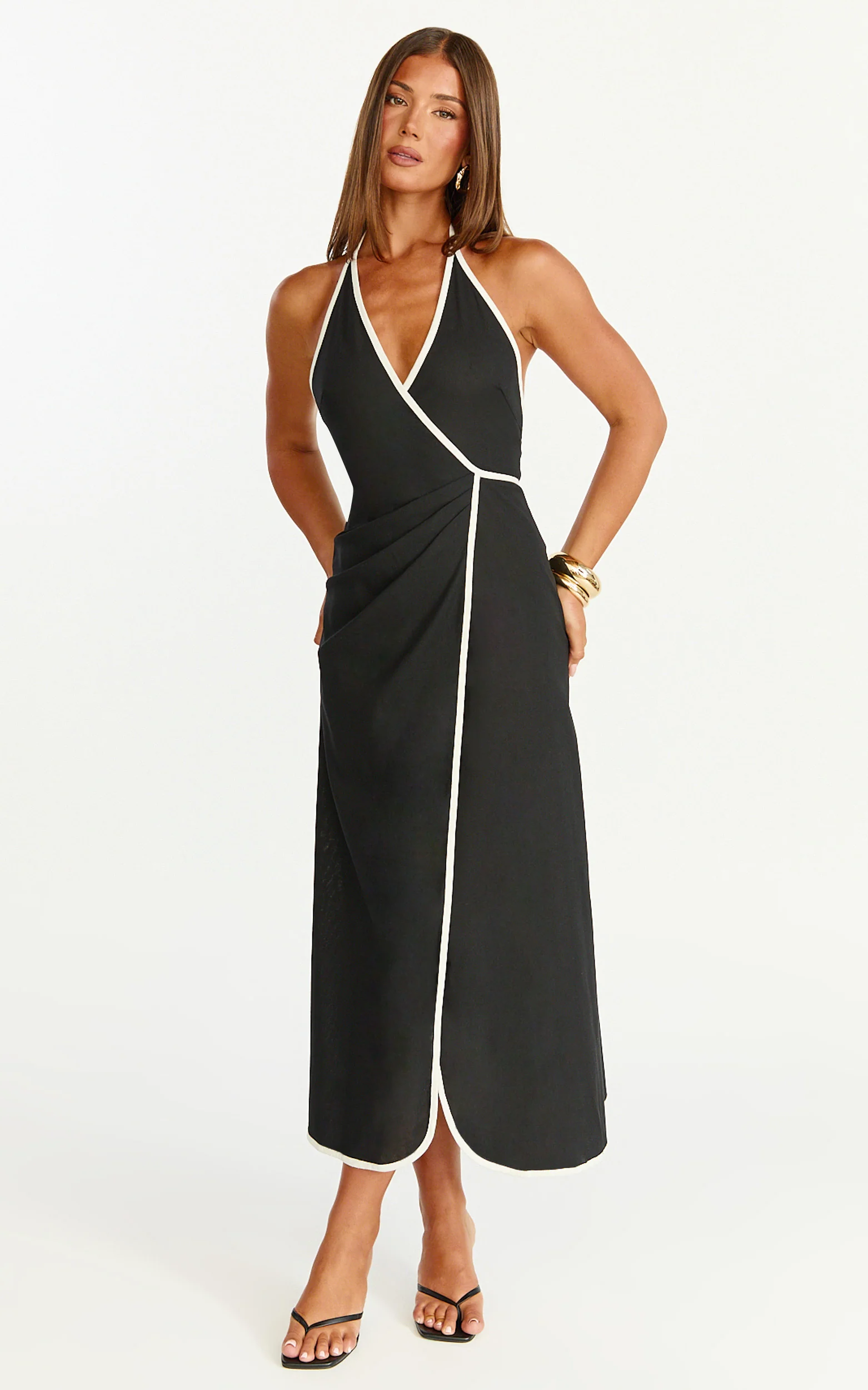 Aurora Midi Dress - Halter Neck Leg Split Wrap Dress in Black