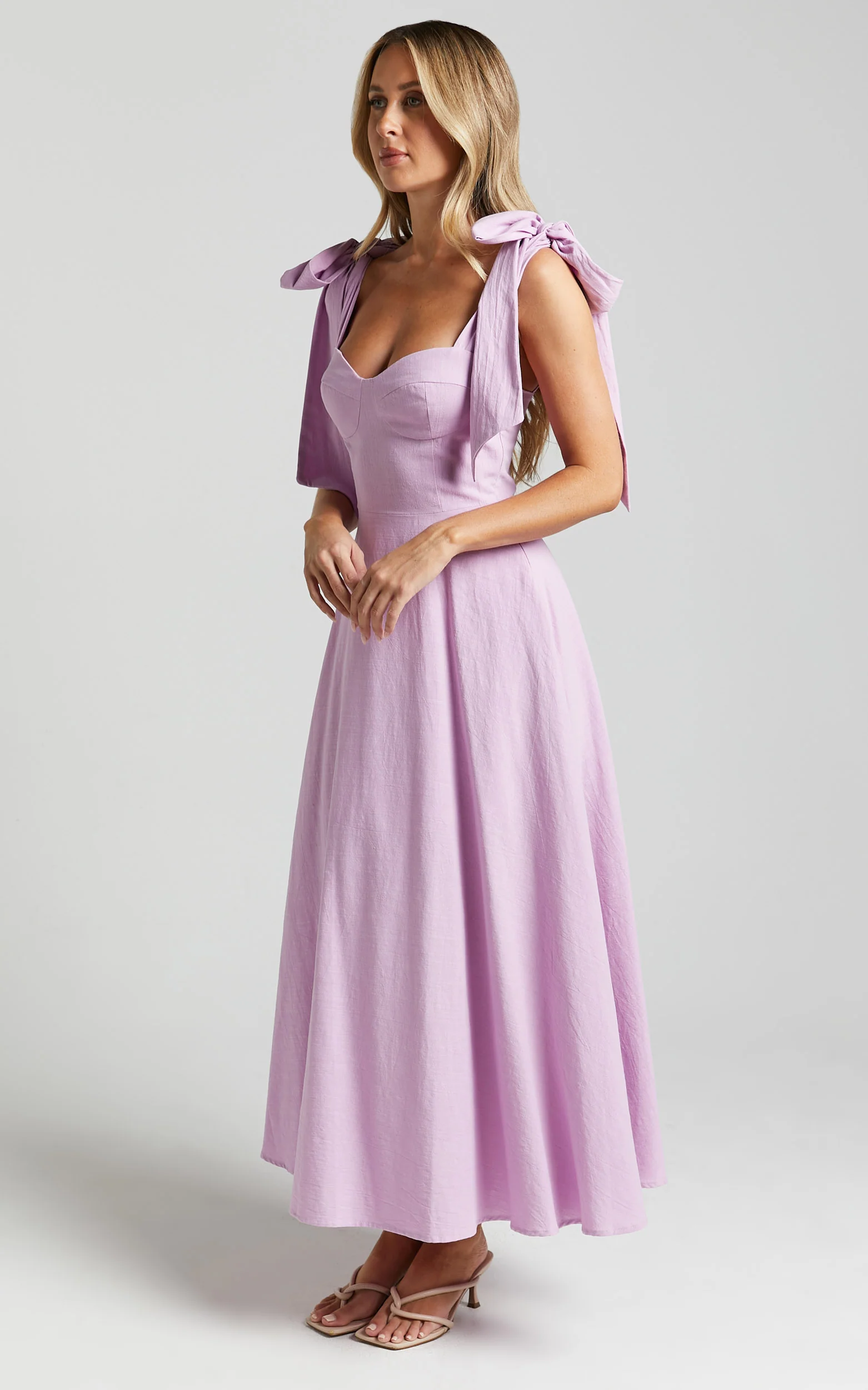 Tymia Midi Dress - Shoulder Tie Bustier Shirred Back A Line in Lavender
