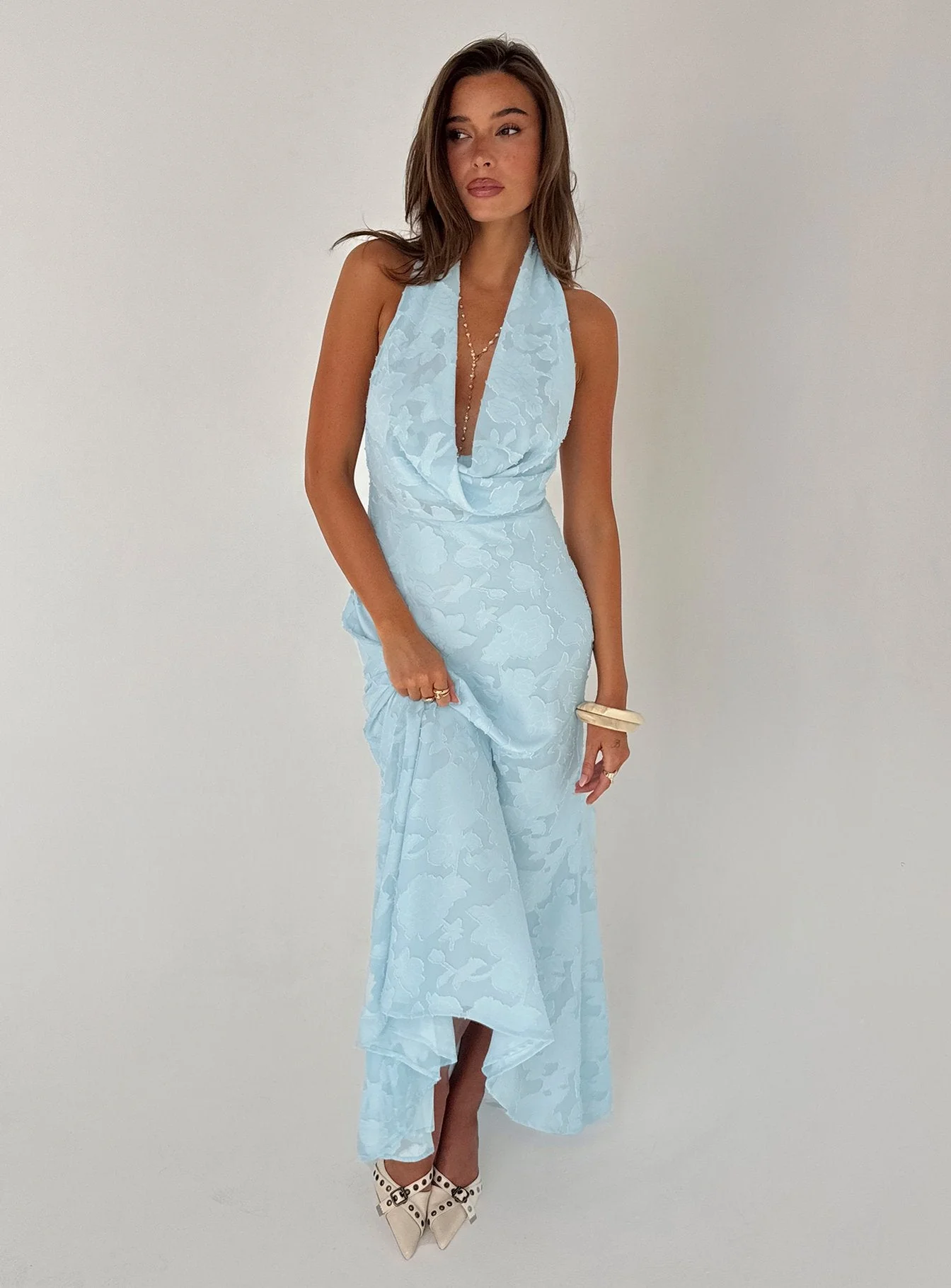 Invisible String Cowl Plunge Backless Maxi Dress Light Blue