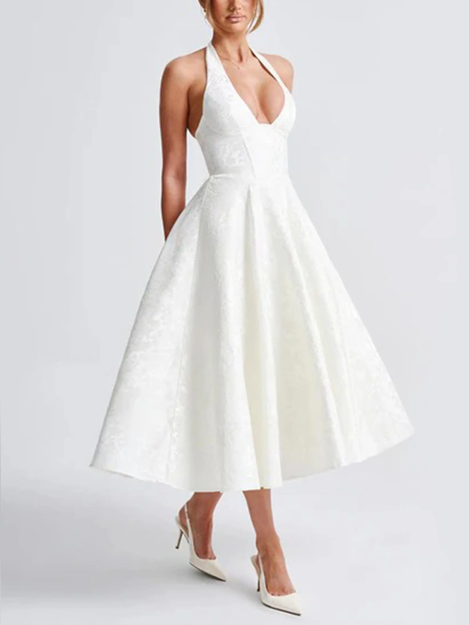 White Halter Flared Midi Dress