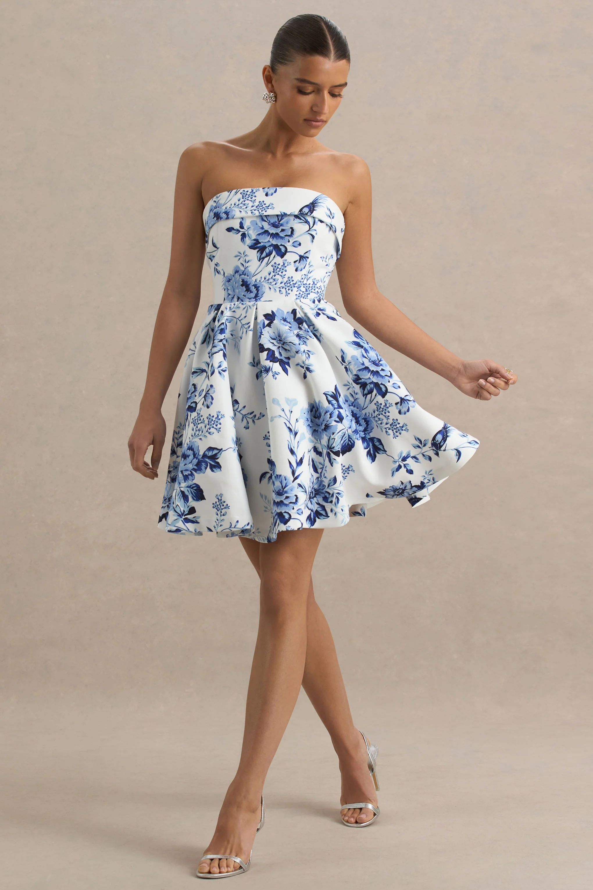 Fiorenza | Blue Porcelain Print Bandeau Mini Dress With Volume Skirt