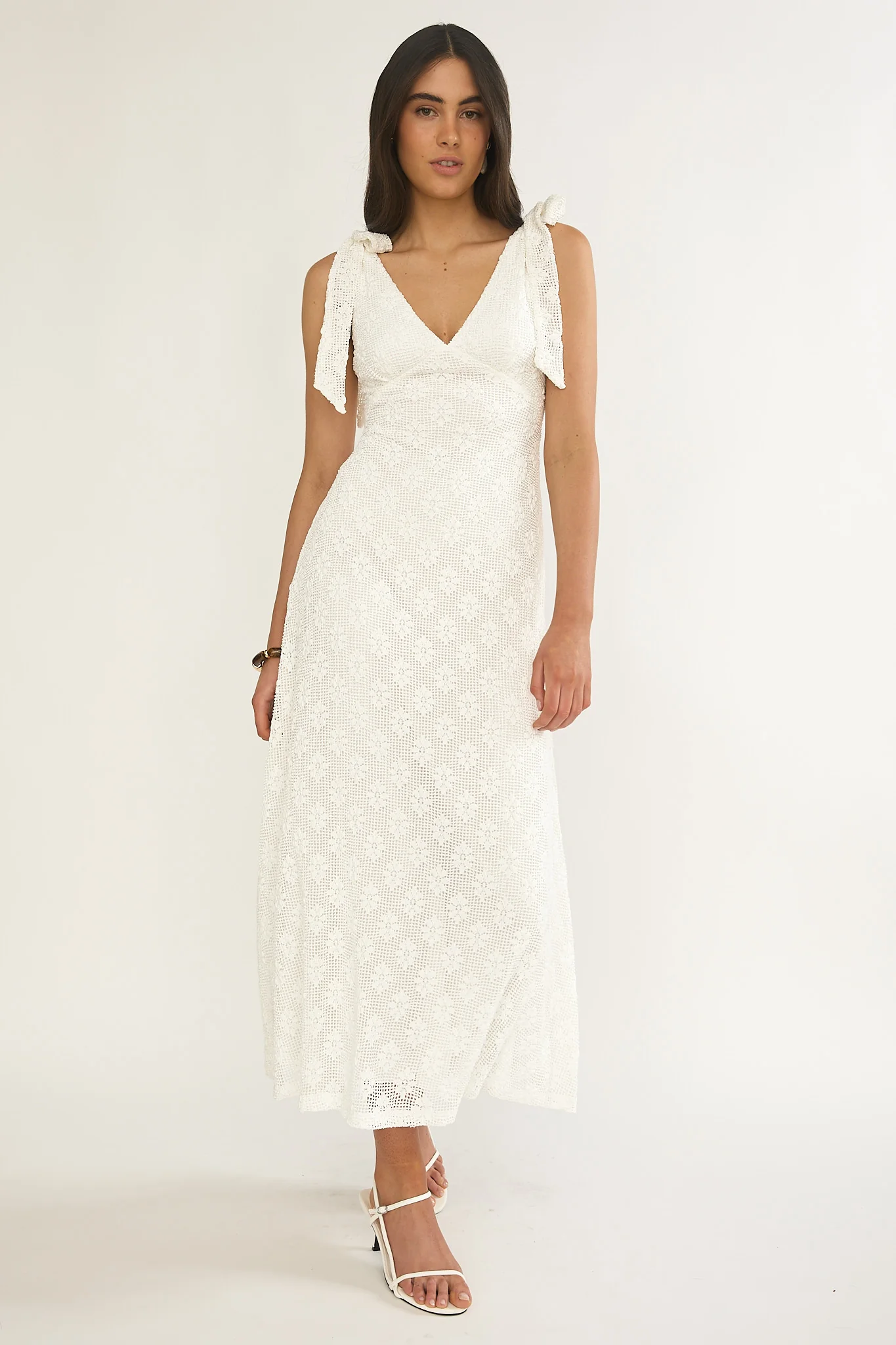 Mykonos Morning Tied Shoulder Maxi Dress Crochet White
