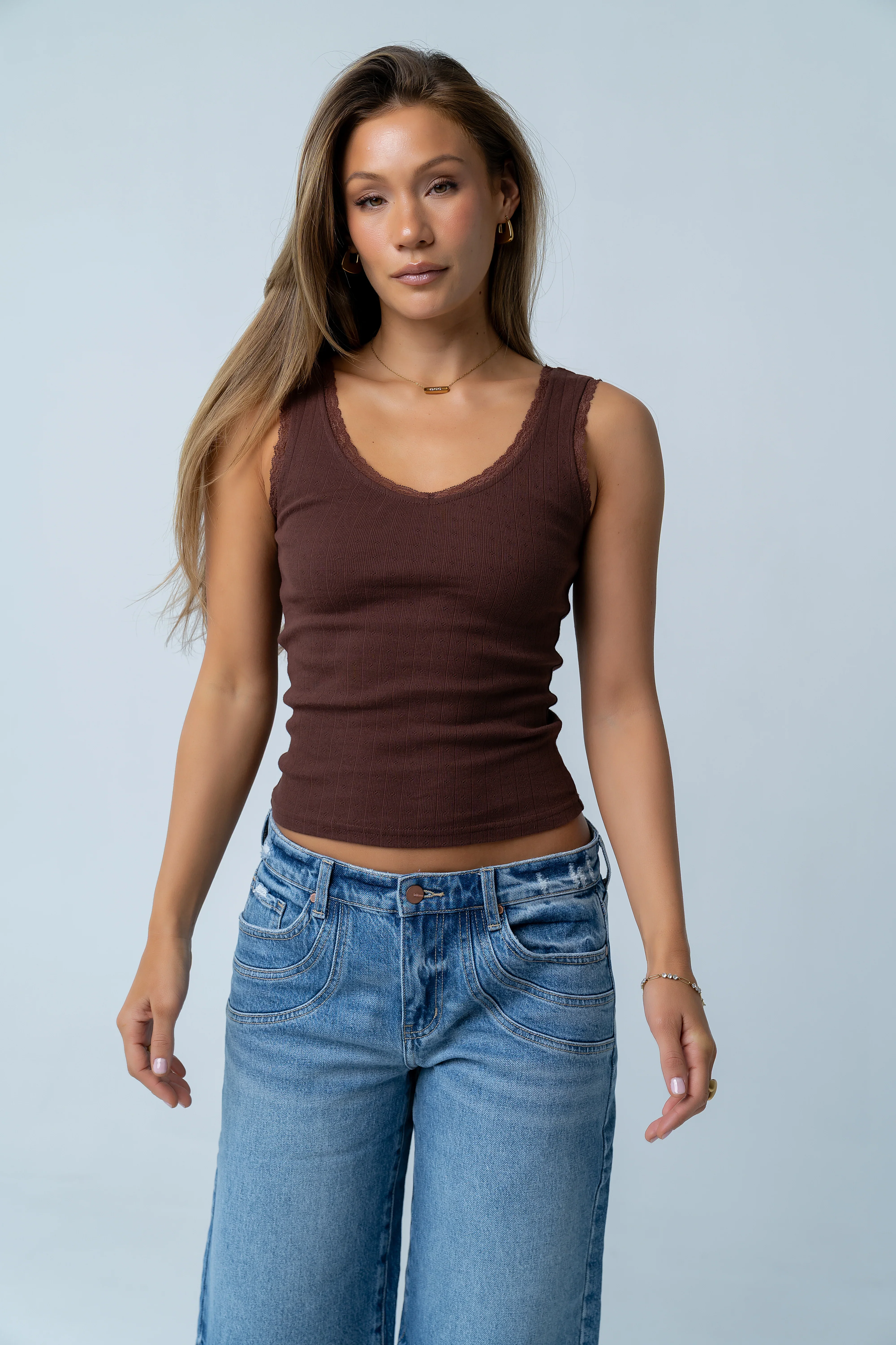 Mackie Lace Trim Tank in Brown