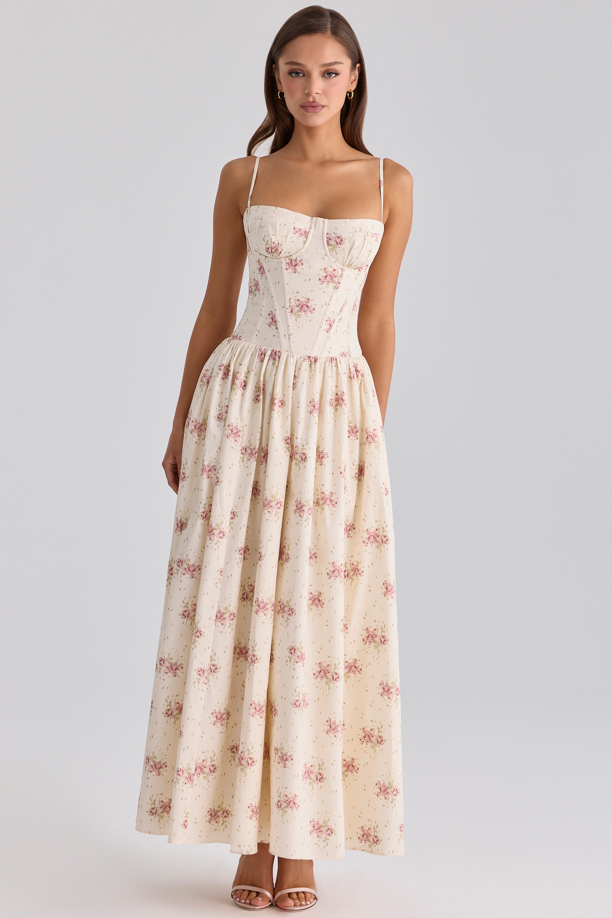 ivory vintage rose print cotton maxi dress