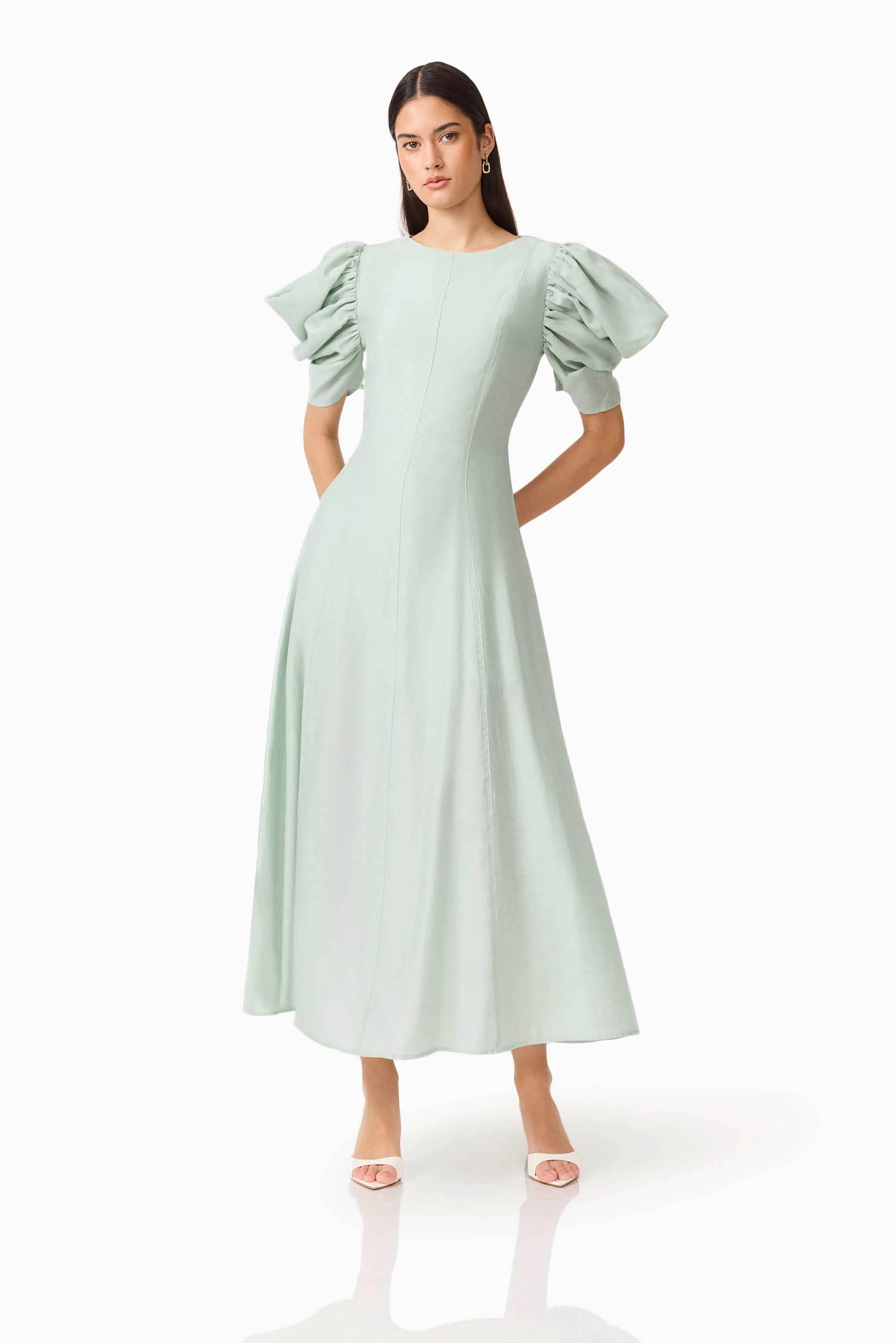 CURAAE Isaline Puff Sleeve Midi Dress in Sage Green