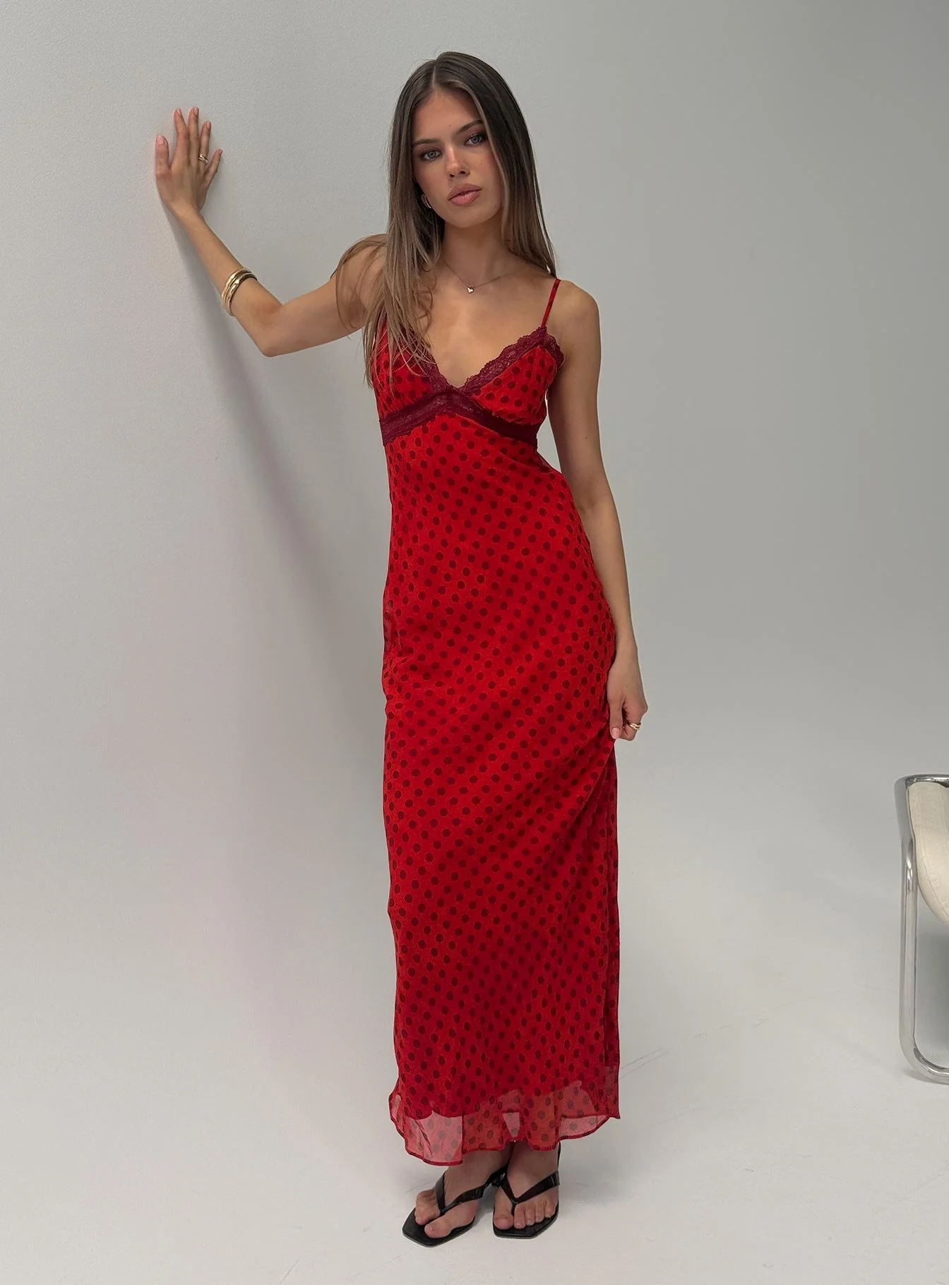 Adasia Lace V Neck Maxi Dress Red Polka Dot