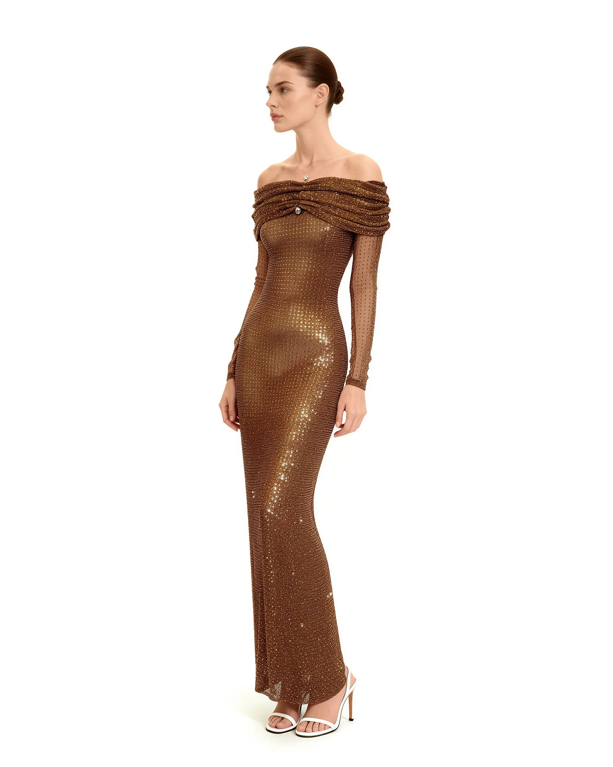 Rhinestone Mesh Off-Shoulder Maxi Dress - Brown - FASHION NOB