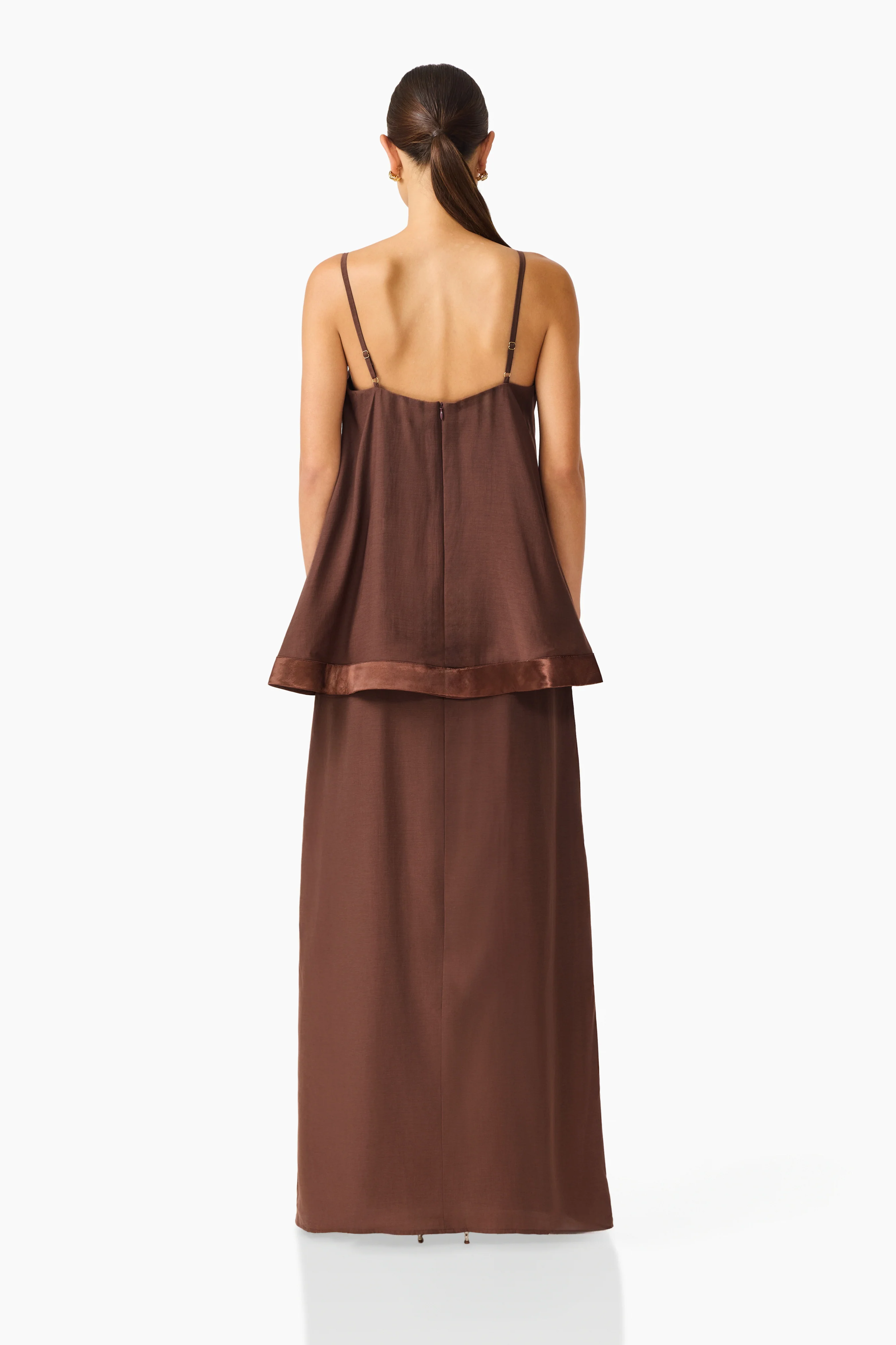 Rosera Satin Bow Maxi Dress in Chocolate Brown