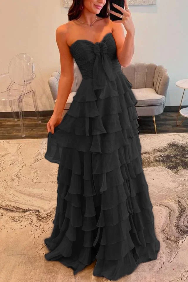 Cinizia | Chiffon Fuchsia Sweetheart Tiered Ruffles Prom Dress with Slit