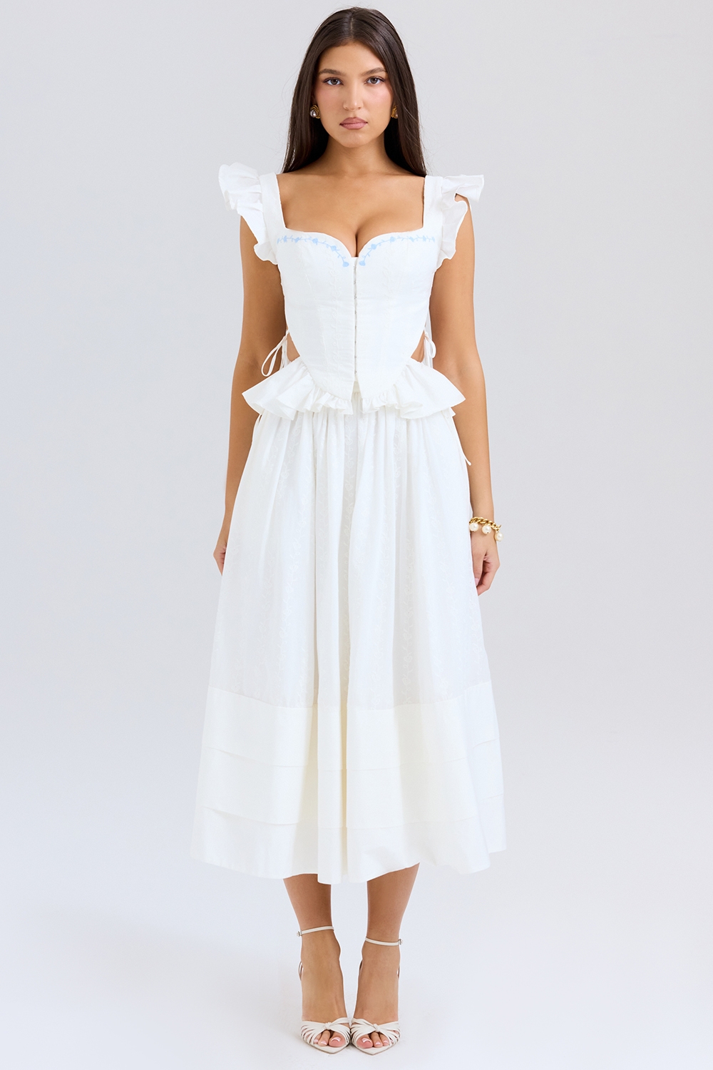 White Embroidered Cotton Midi Skirt