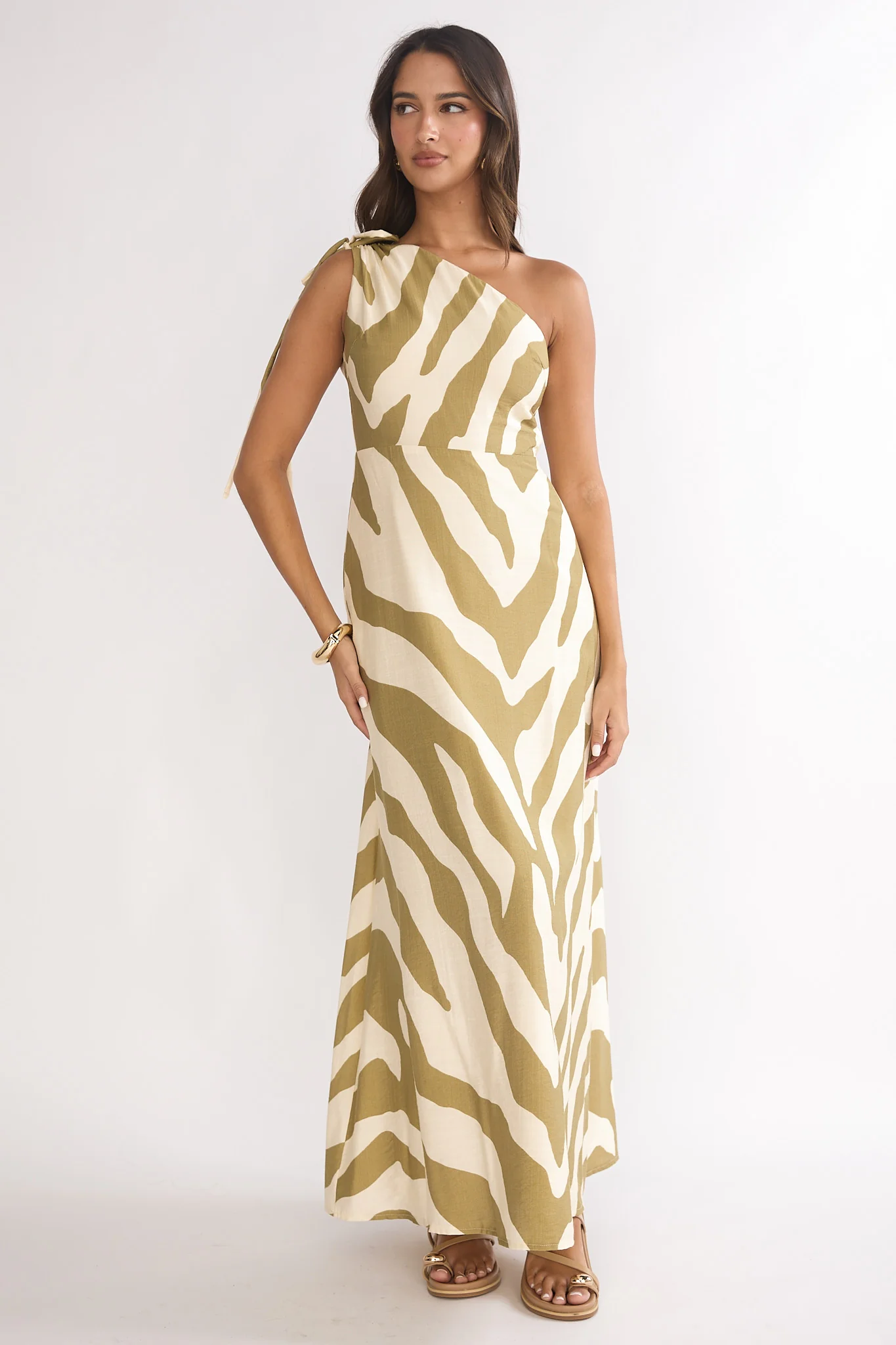 Tavina One-Shoulder Maxi Dress Zebra Khaki - luluinthesky