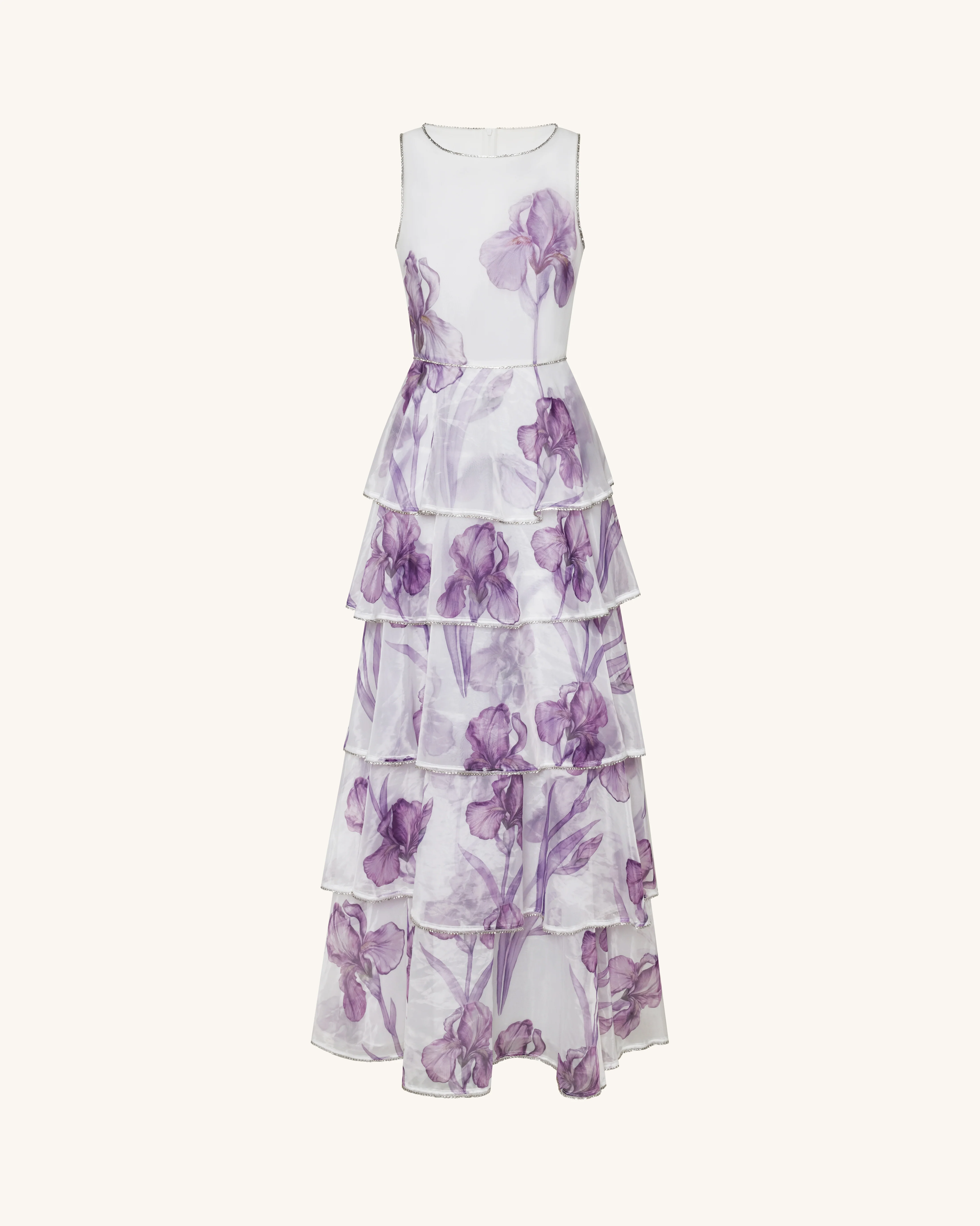 Jeweled-Trim Tiered Iris Print Organza Maxi Dress - White/Purple