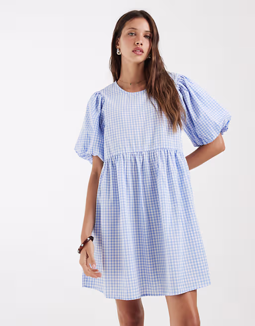 PIECES volume sleeve mini dress in blue and white gingham