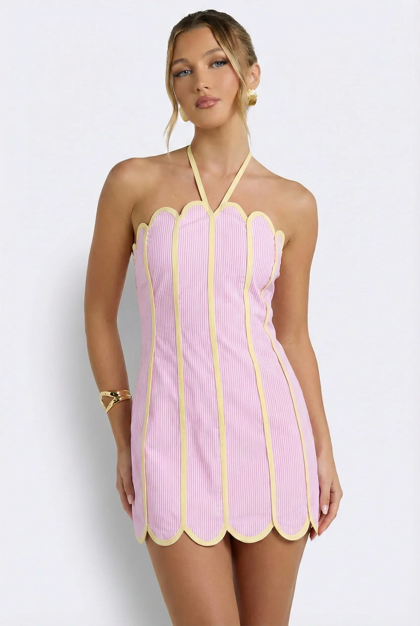 Lenny Scalloped Linen Halter Mini Dress - luluinthesky