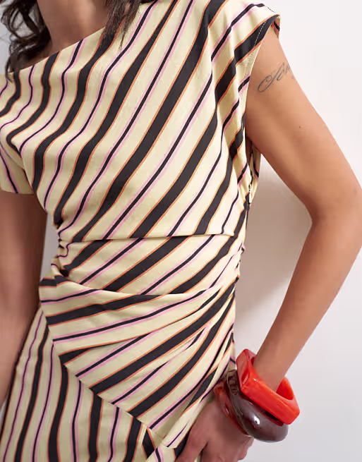 Topshop linen rich fallen shoulder midaxi dress in natural stripes