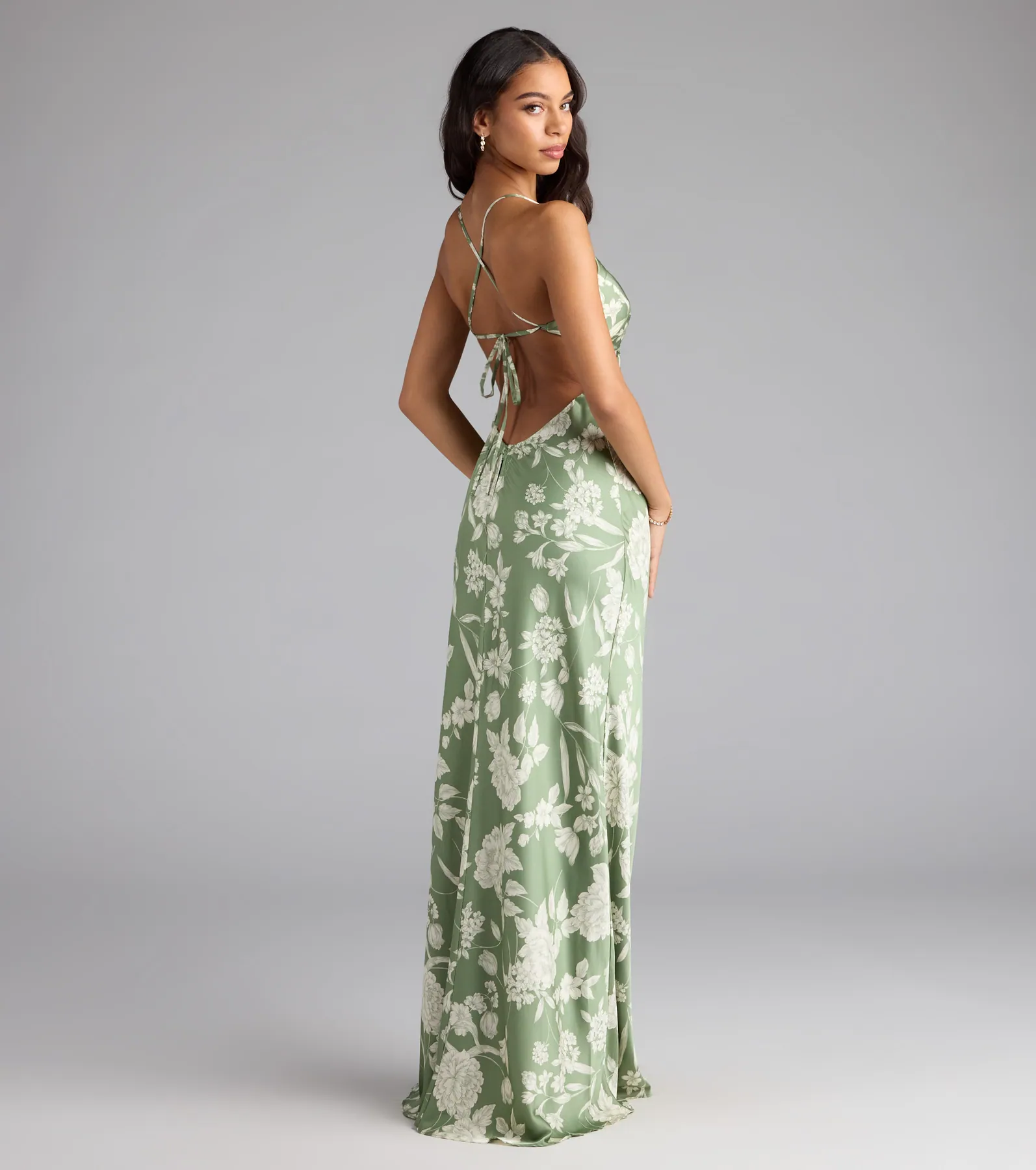Daniella Lace-Up Floral Satin Formal Dress