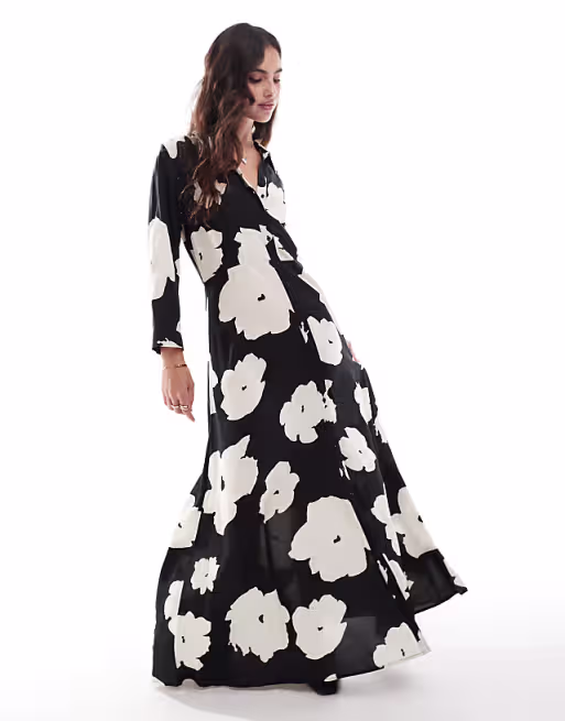 YAS maxi shirt dress in mono floral print