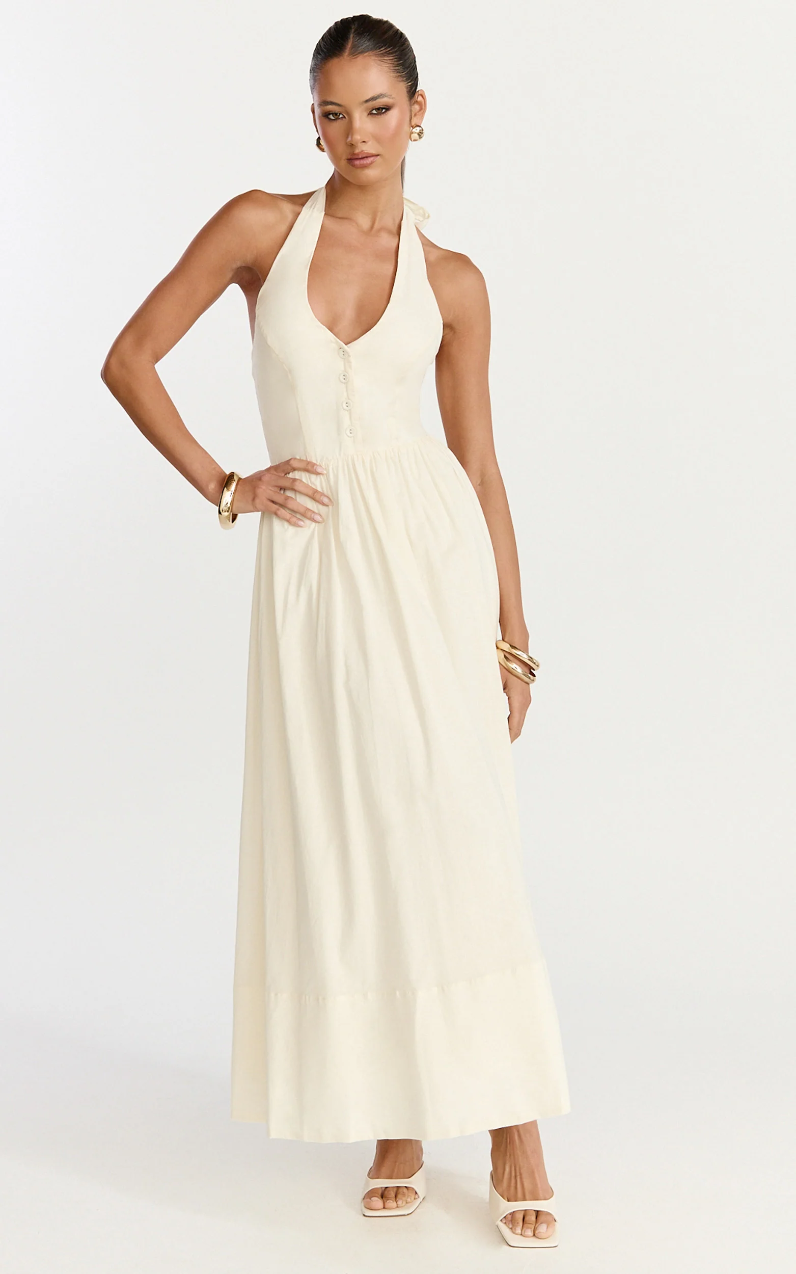 Everly Midi Dress - Tie Halter Neck Button Down Bodice Fit And Flare Dress in Cream
