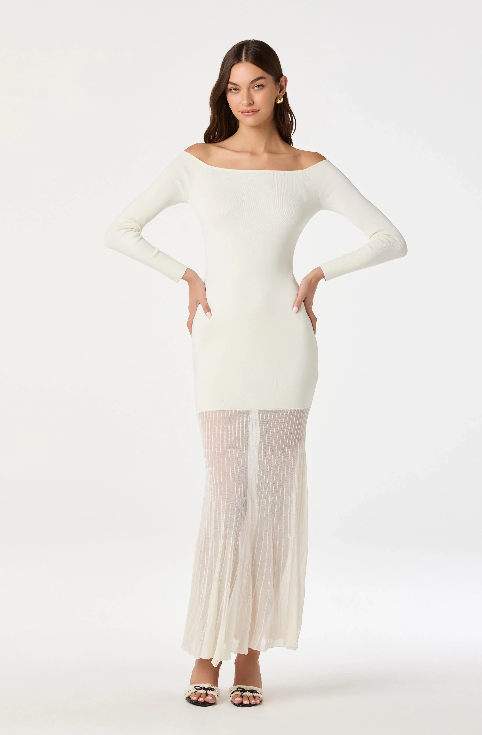 Off Shoulder Mesh Panel Hem Maxi Dress