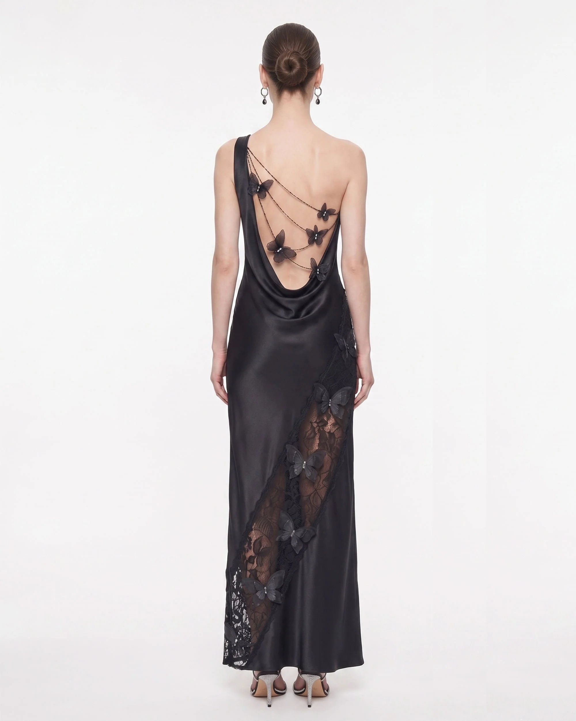 Lace Panel One-Shoulder Satin Maxi Dress - Black