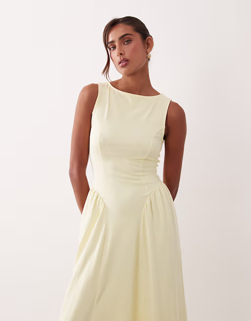 boat neck waist detail midi dress in yellow
