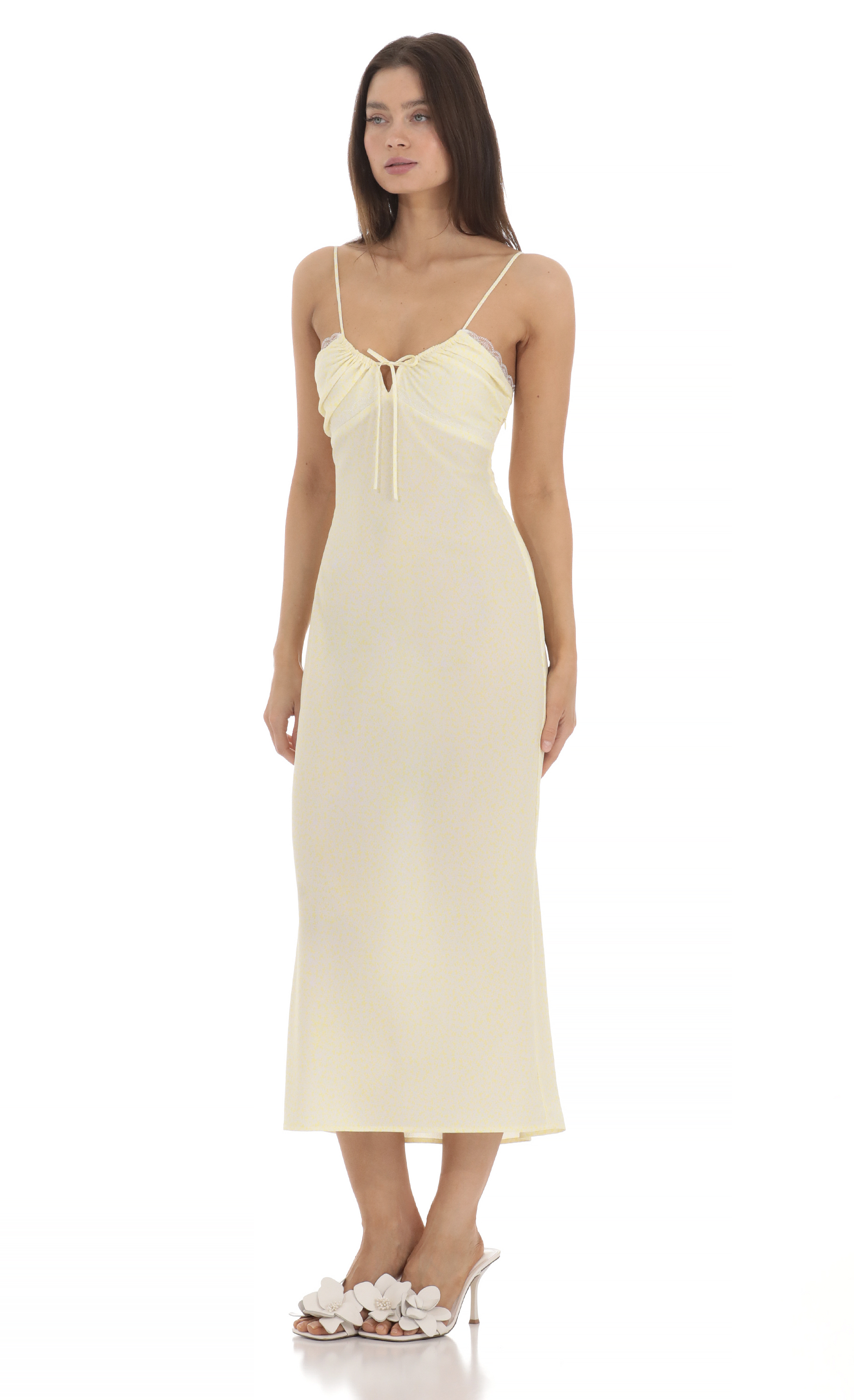 Lace Trim Front Tie Midi Dress in Yellow