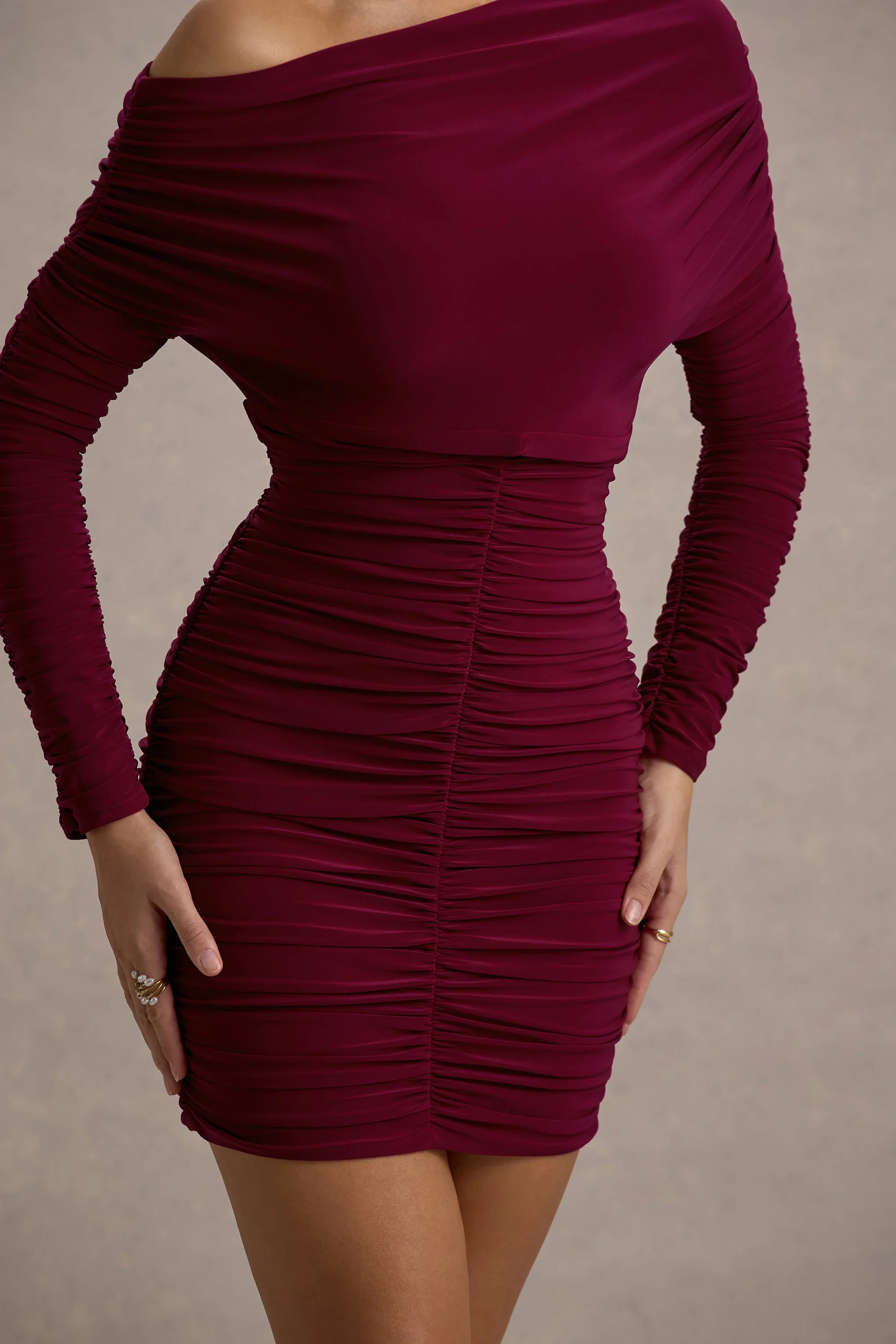 Zhara | Burgundy Ruched One-Shoulder Bodycon Mini Dress