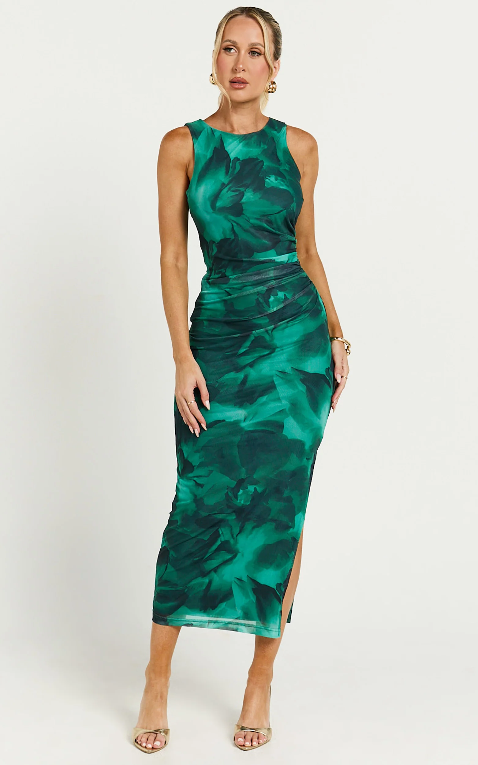 Loralie Midi Dress - Mesh High Neck Bodycon Dress in Green Floral Print