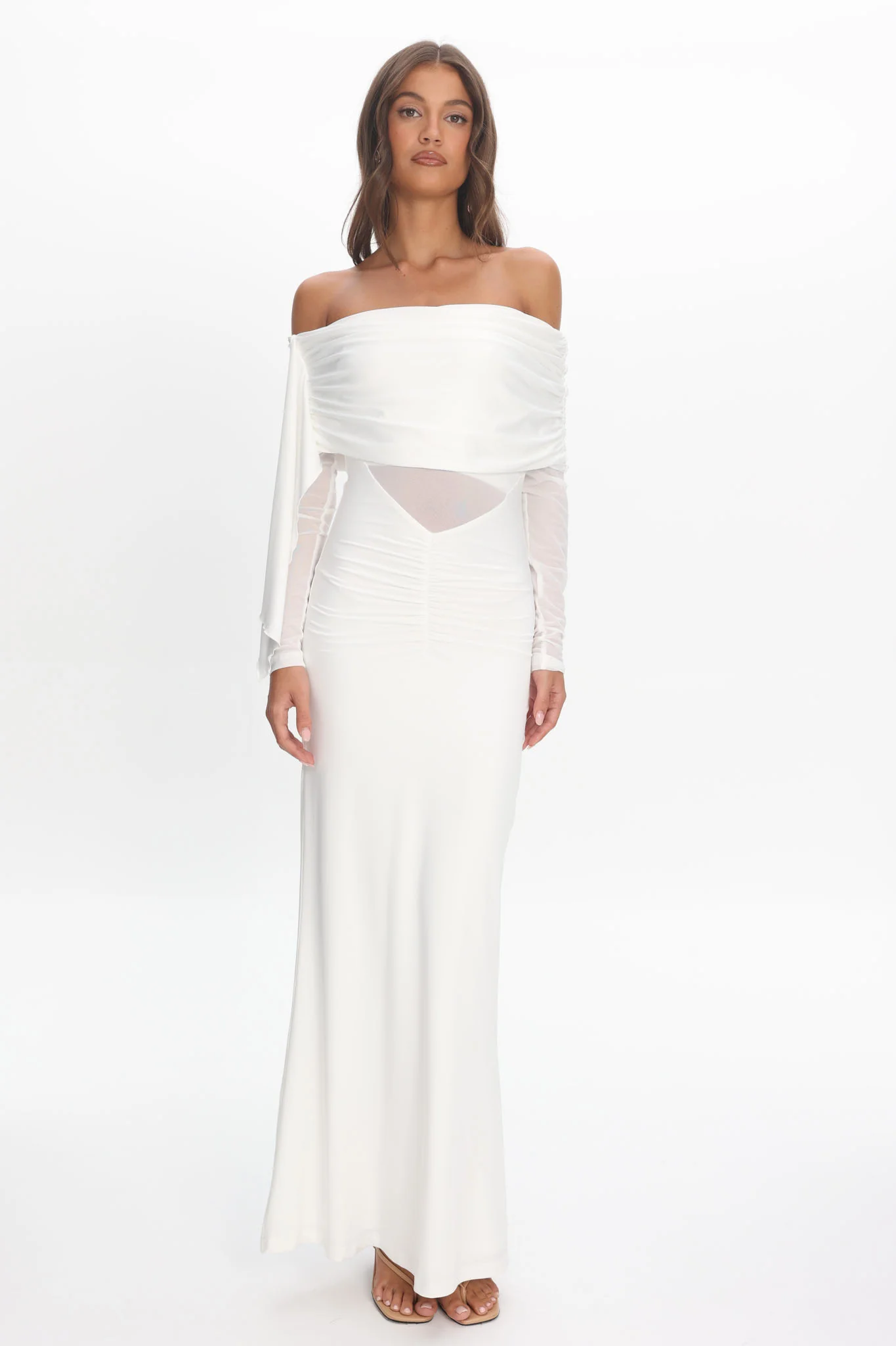 Marlowe Off-Shoulder Sheer Waist Maxi Dress Off White