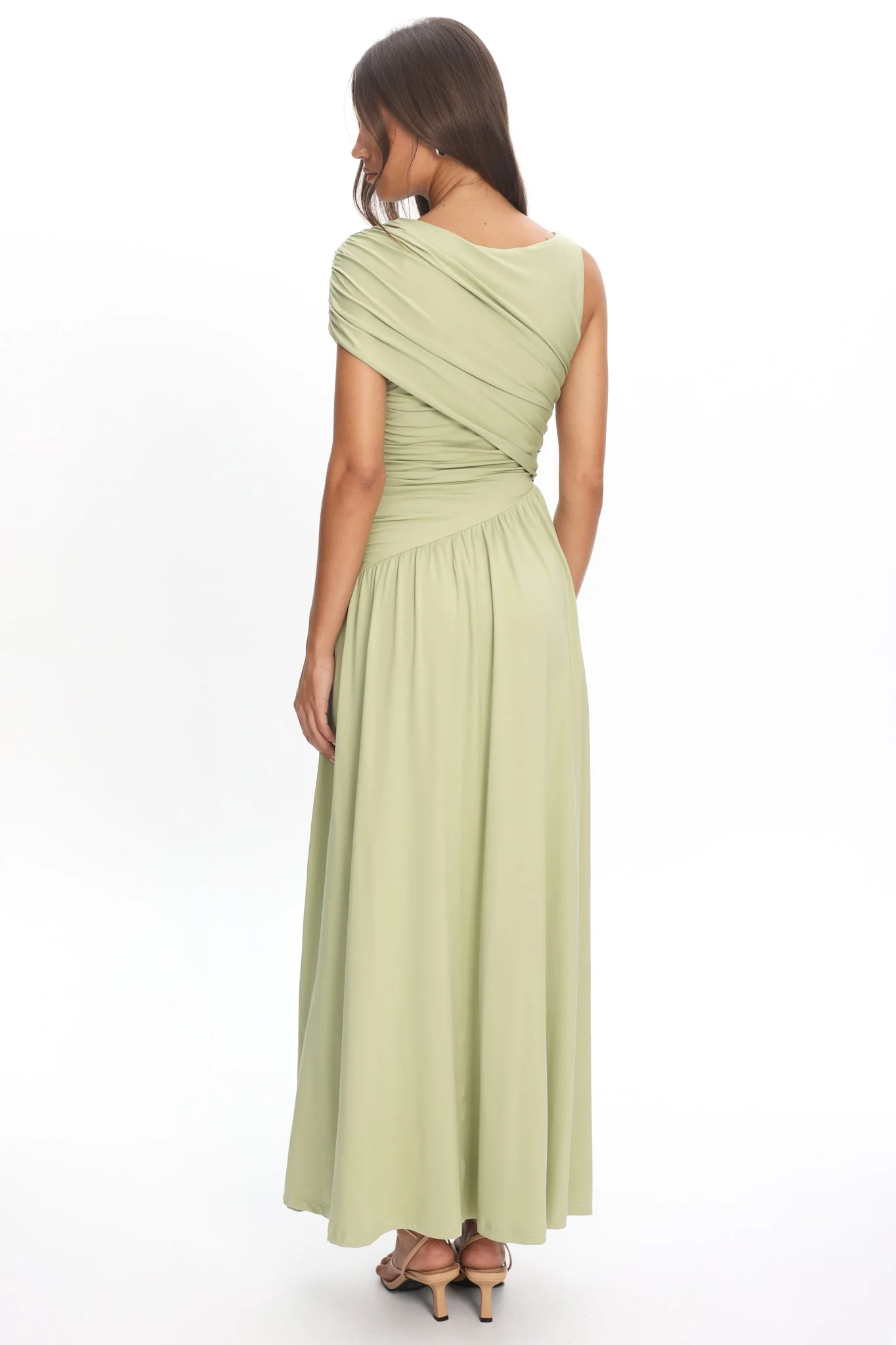 Adiel Ruched Asymmetric Waist Maxi Dress Olive