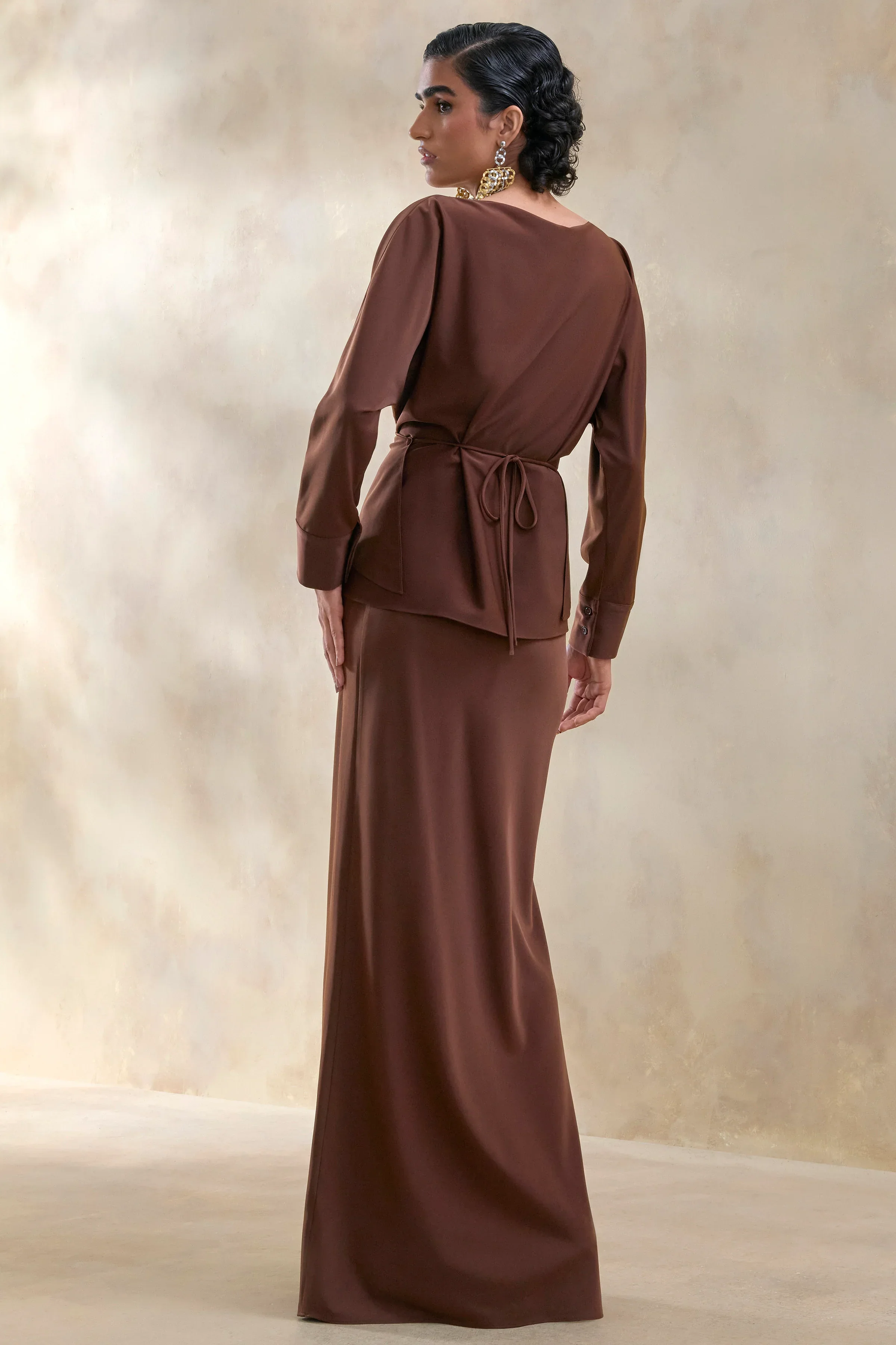 Elaria | Brown Satin Maxi-Skirt