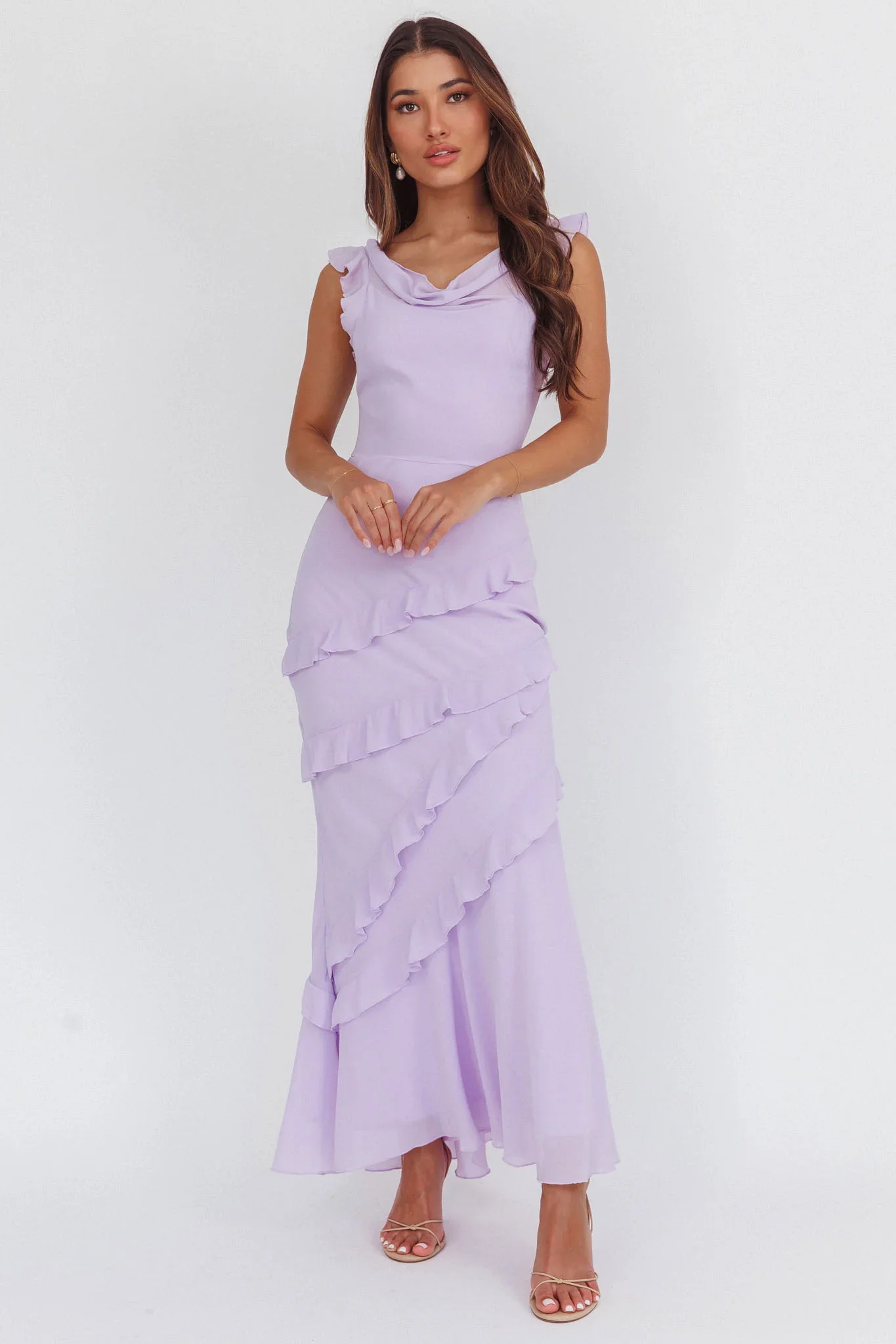 Sangria Cowl Neck Frill Maxi Dress Lilac