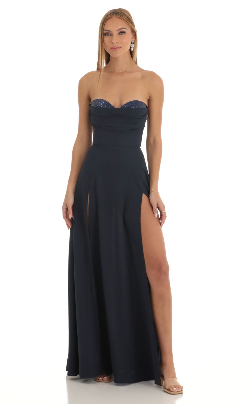 Sequin Bust Crepe Maxi Dress in Dark Blue