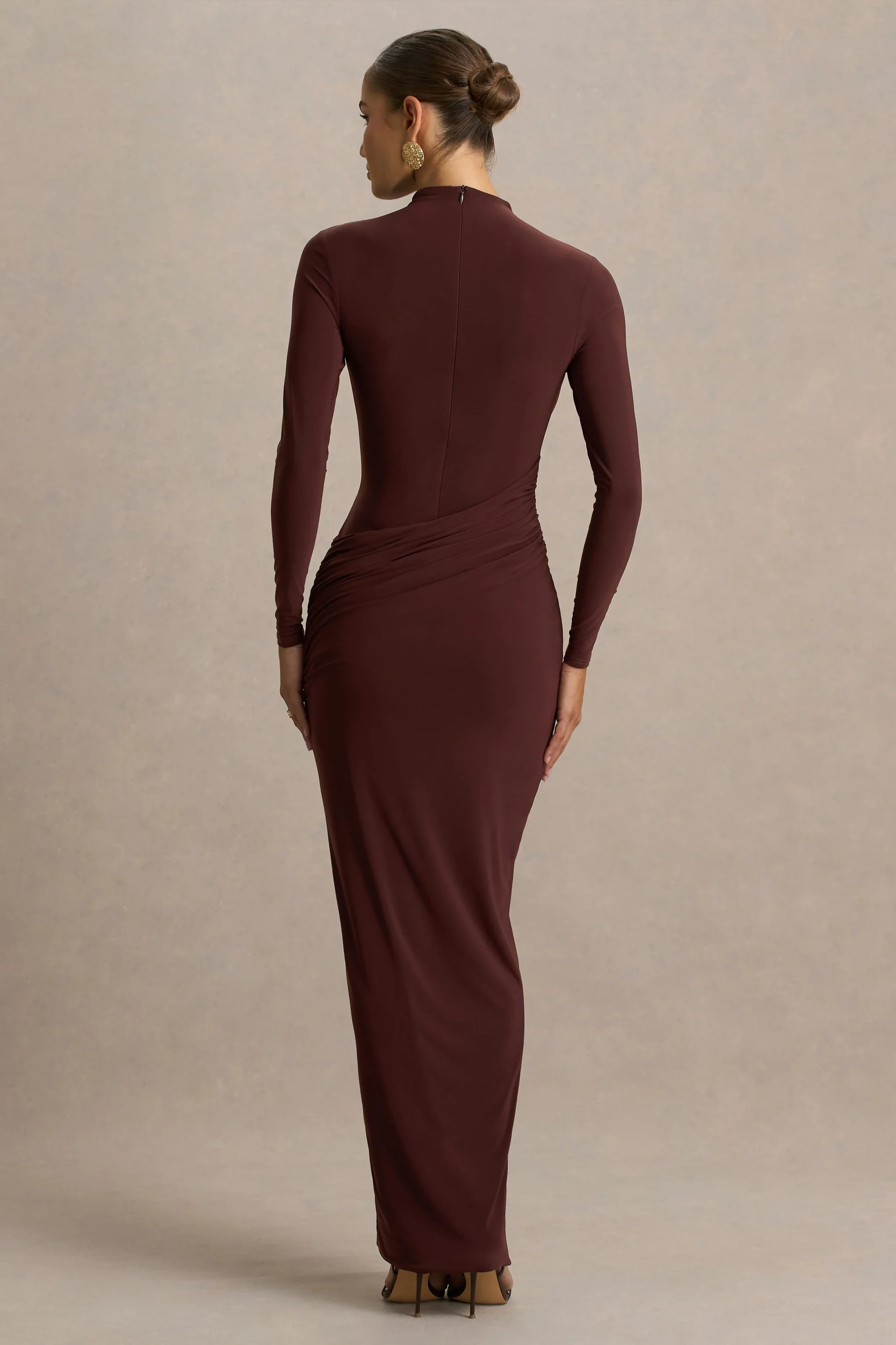 Zephyra | Brown High-Neck Wrapped Maxi Dress