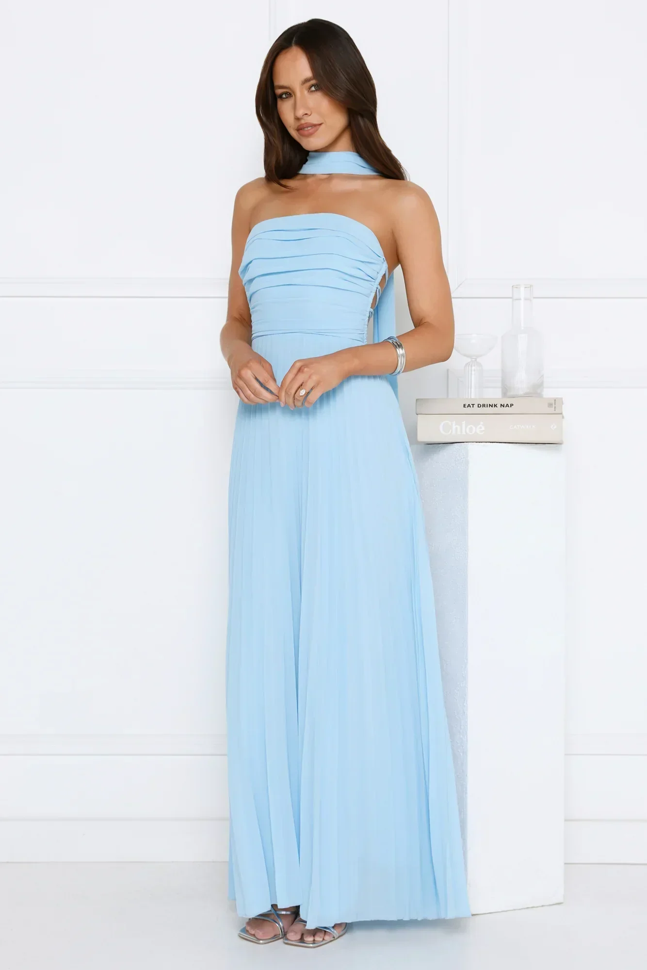 Sugar Babe Strapless Pleated Maxi Dress Blue
