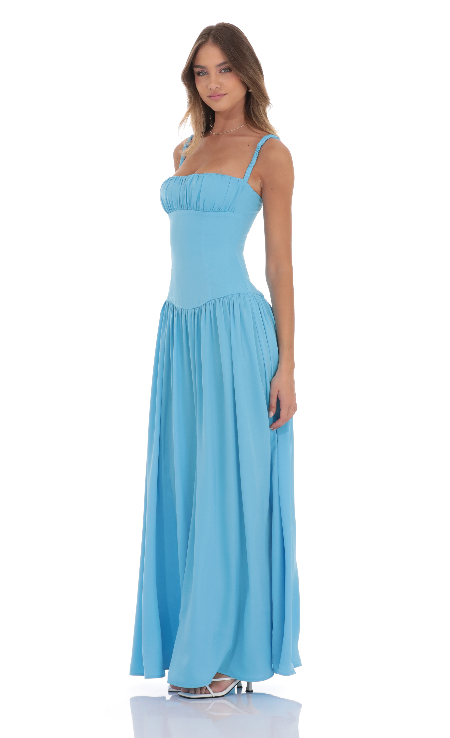 Satin Ruched Bust Maxi Dress in Aqua Blue - luluinthesky