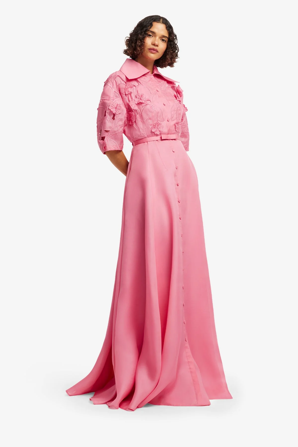 Junia Appliqué Puff Sleeve Silk Gown - Fuchsia