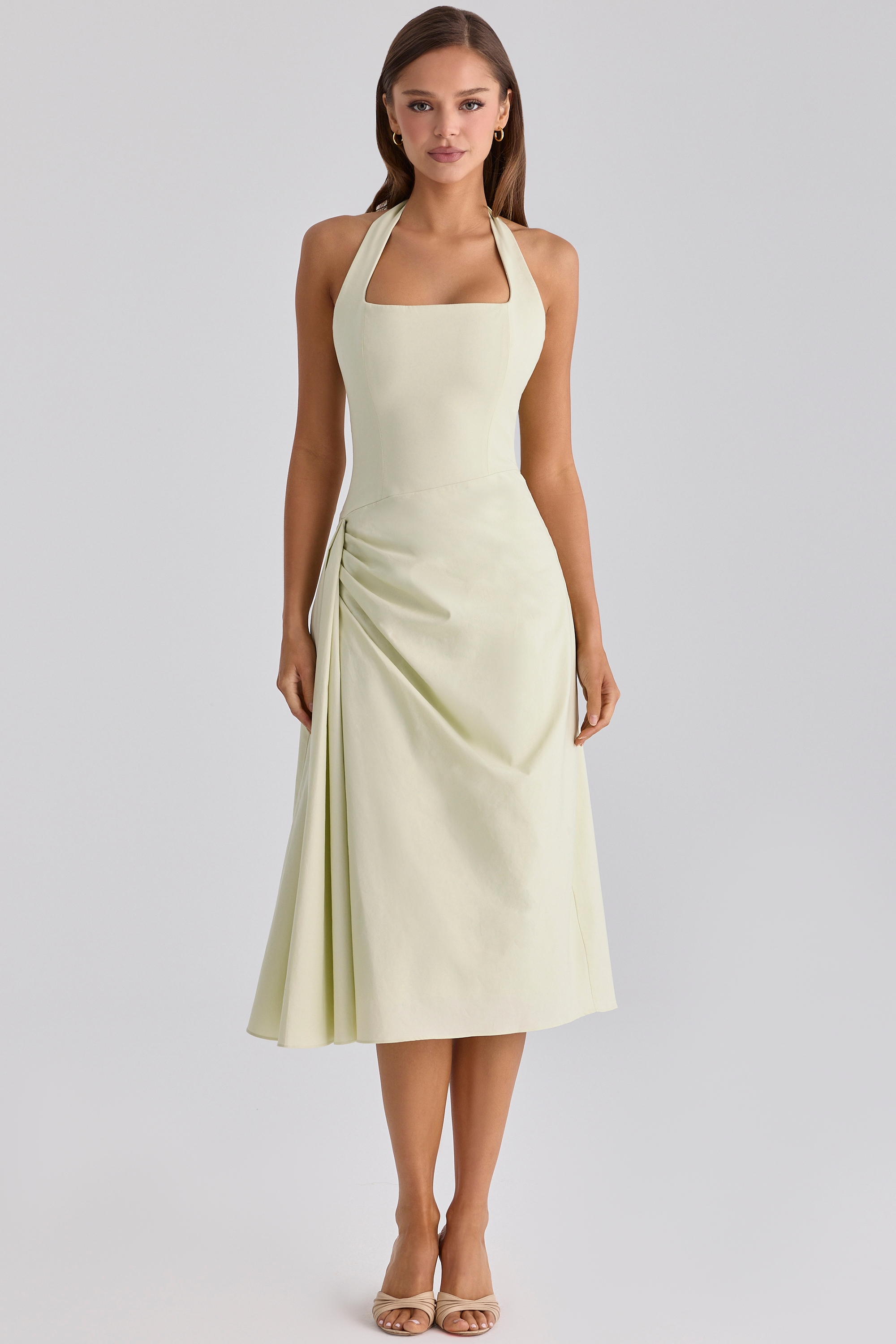 matcha green cotton halter neck midi dress