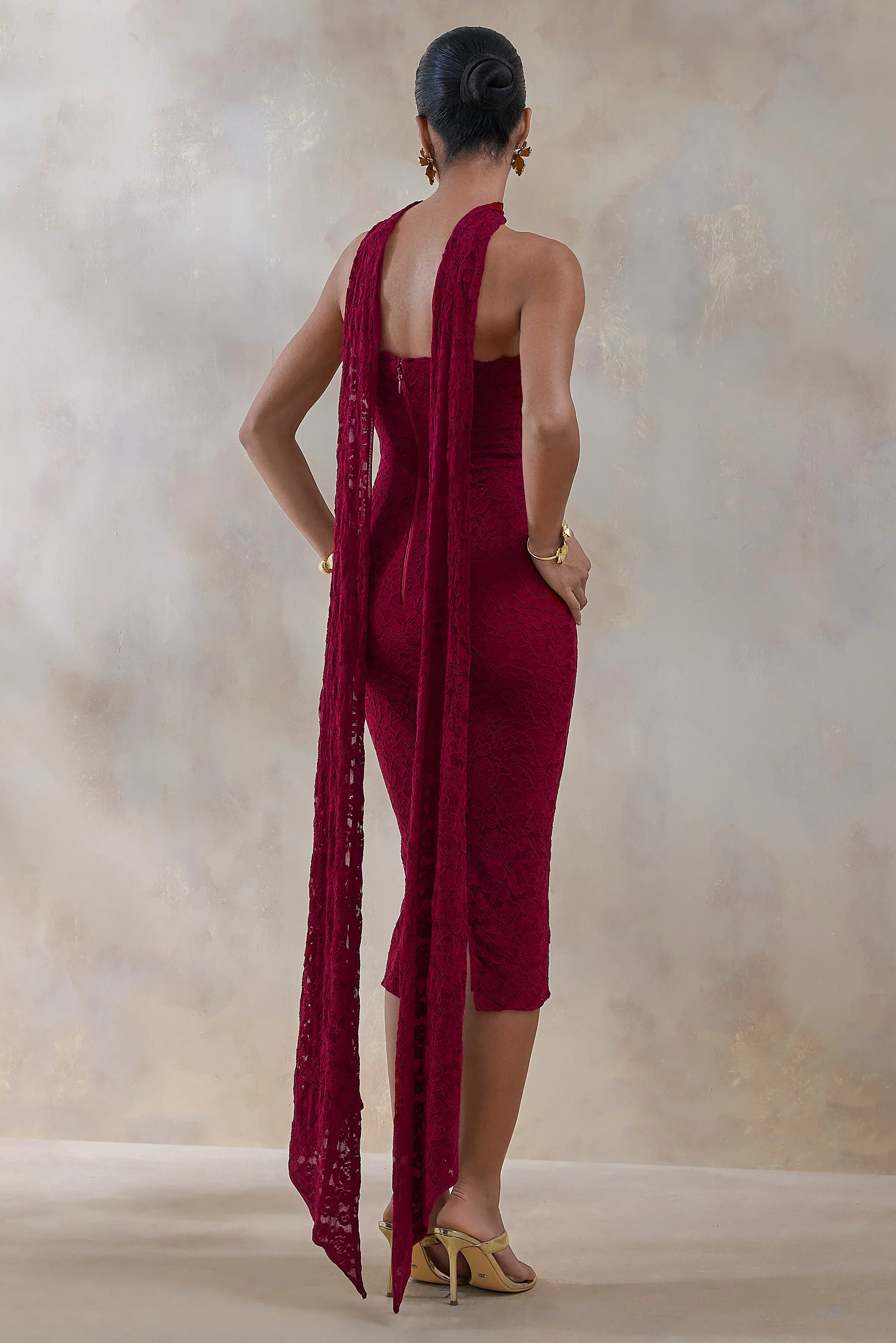 Rosaria | Burgundy Lace Bandeau Midi Dress With Scarf-Detail