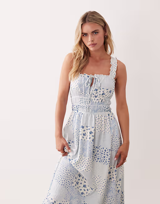 Miss Selfridge Petite seersucker shirred detail maxi dress in scarf print