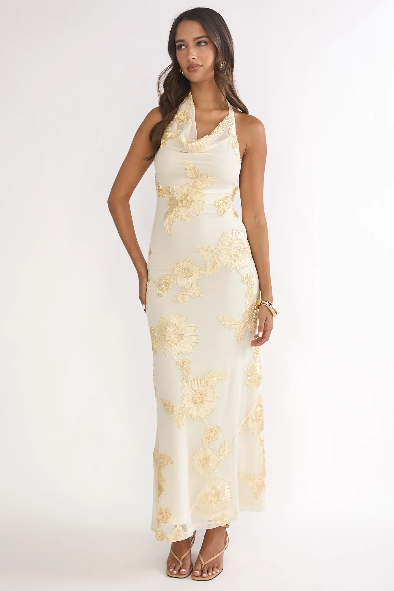 Kirralee Asymmetric Halterneck Embellished Maxi Dress Yellow