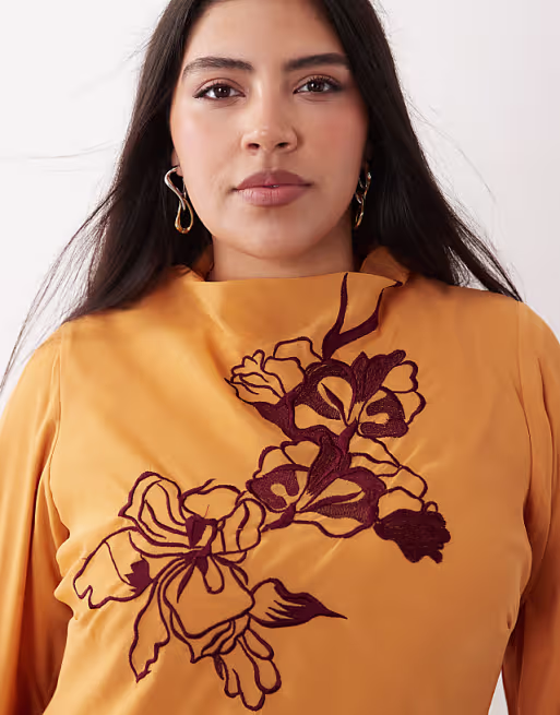 Curve textured embroidered maxi dress in orange