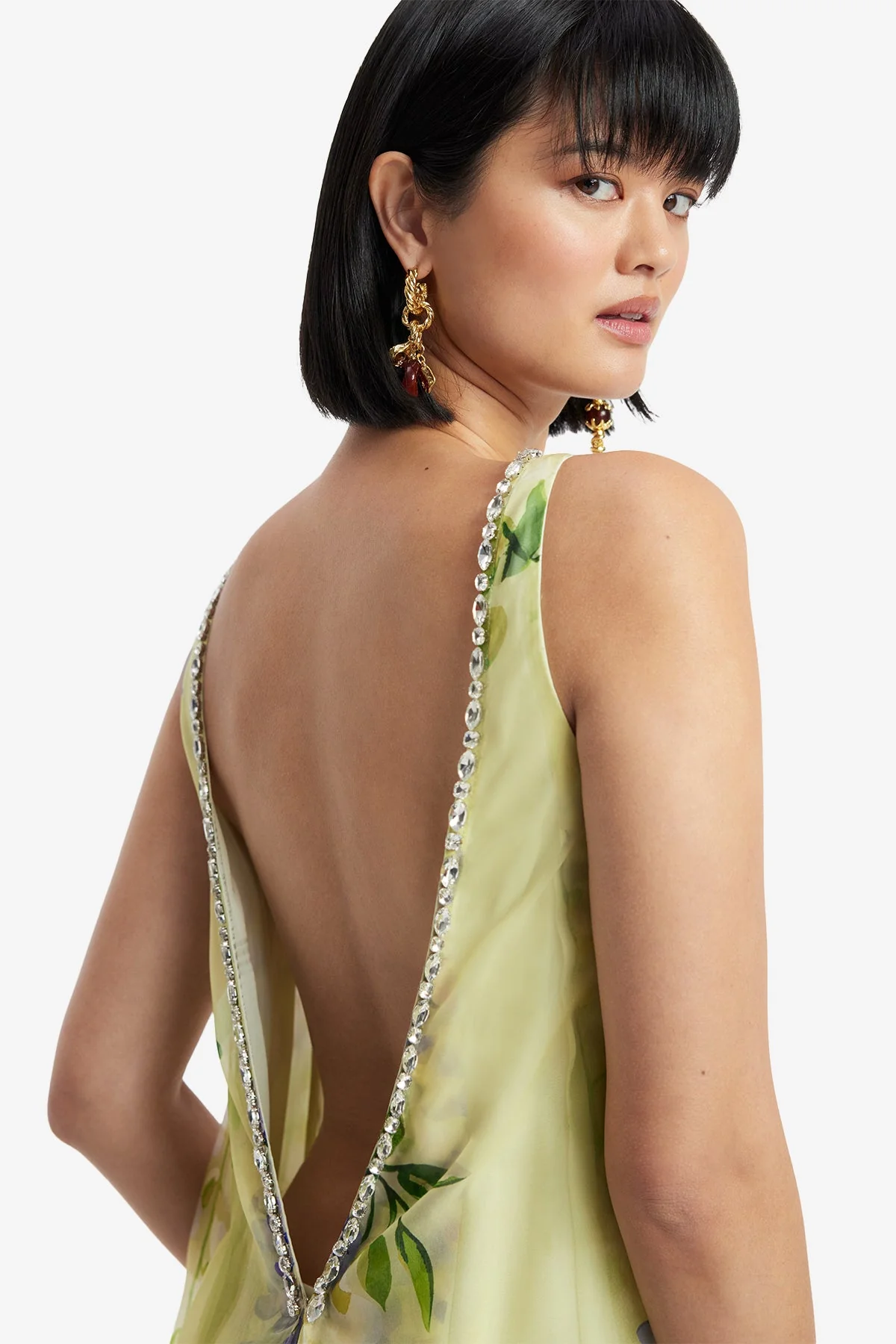 Yumei Embellished Open Back Gown - Wisteria Print