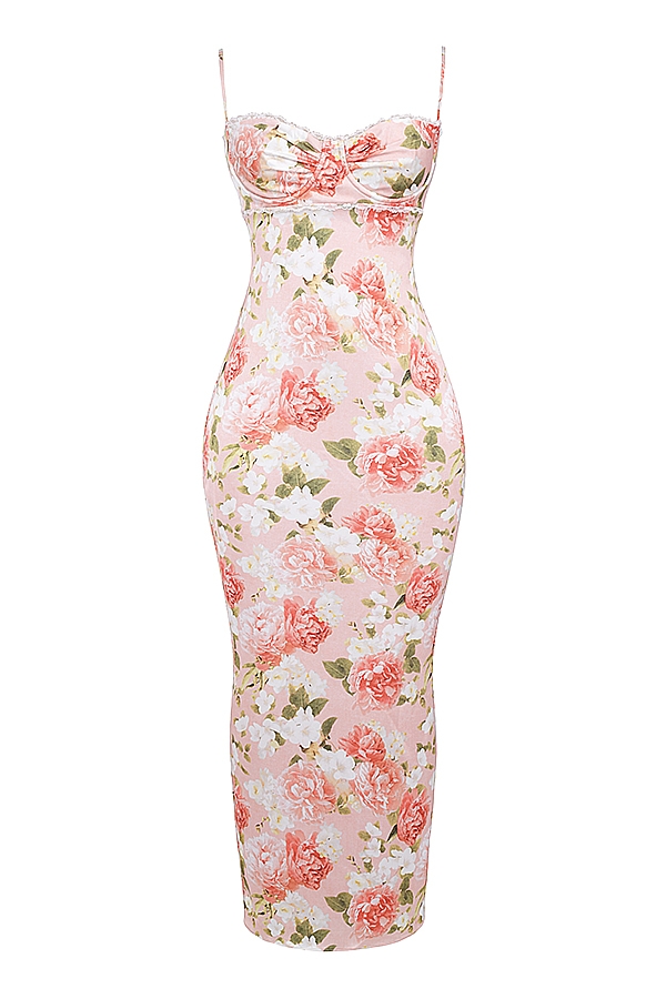 Pink Peony Print Satin Maxi Dress