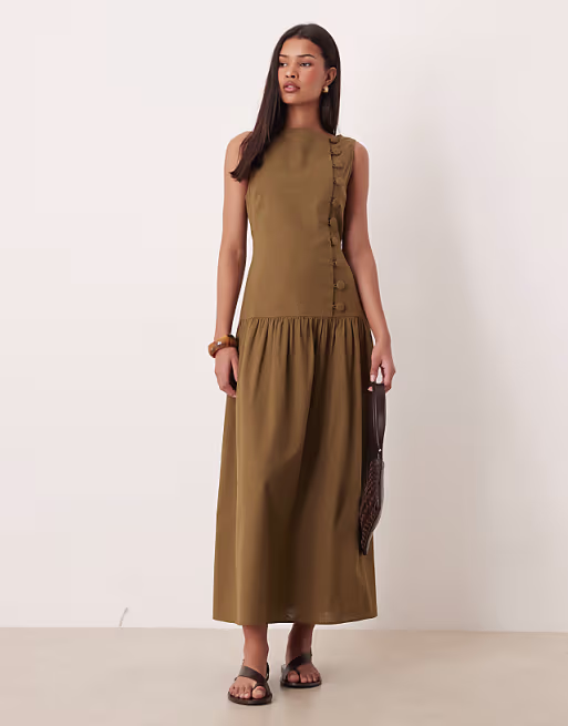 slash neck asymmetric vest maxi sundress with dropped waist in olive