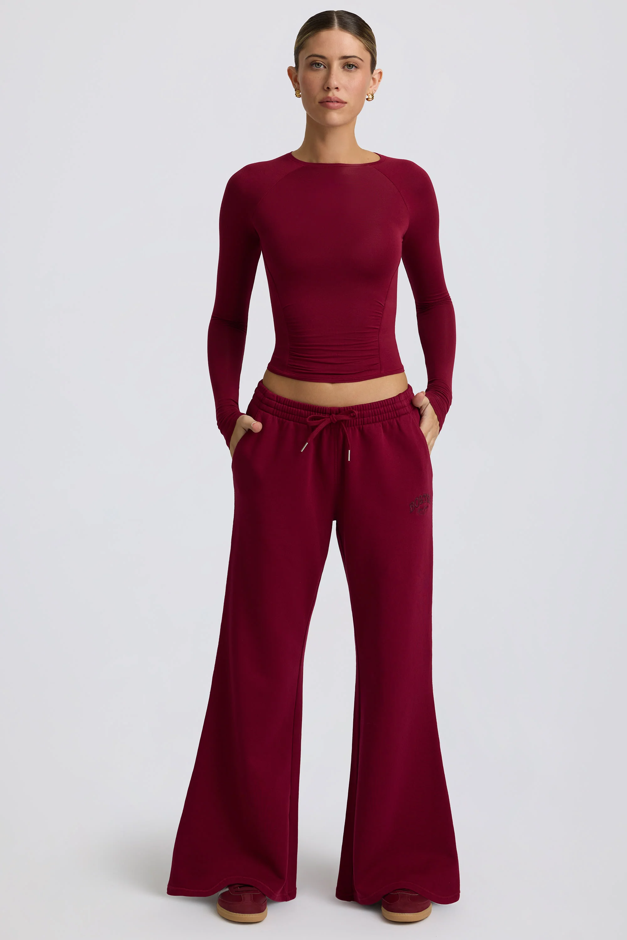 Low-Rise Wide-Leg Joggers in Burgundy