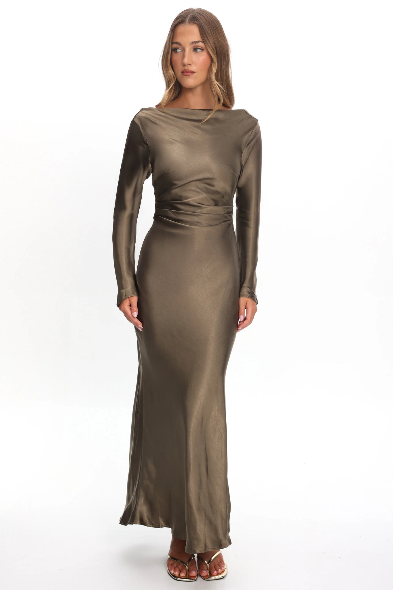 Loveland Cowl Back Midi Dress Olive